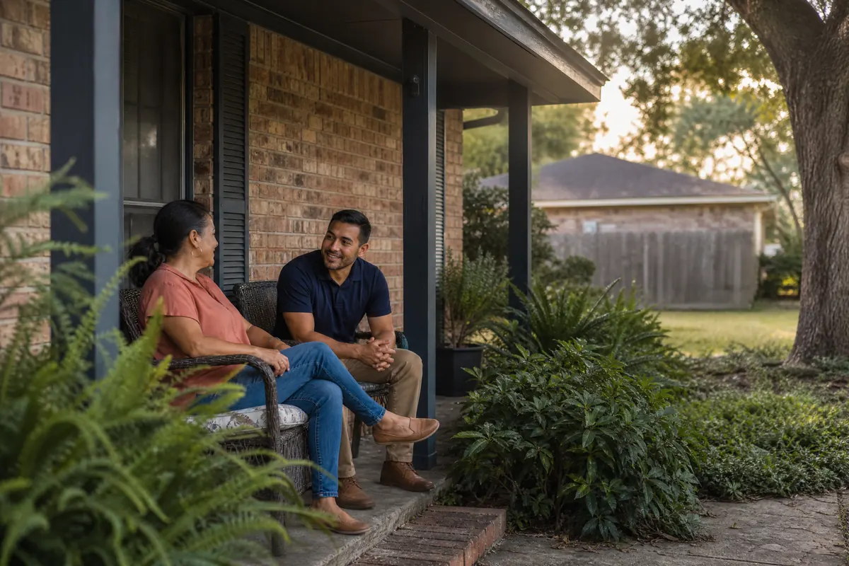 A relaxed conversation on the porch of a Houston-area home