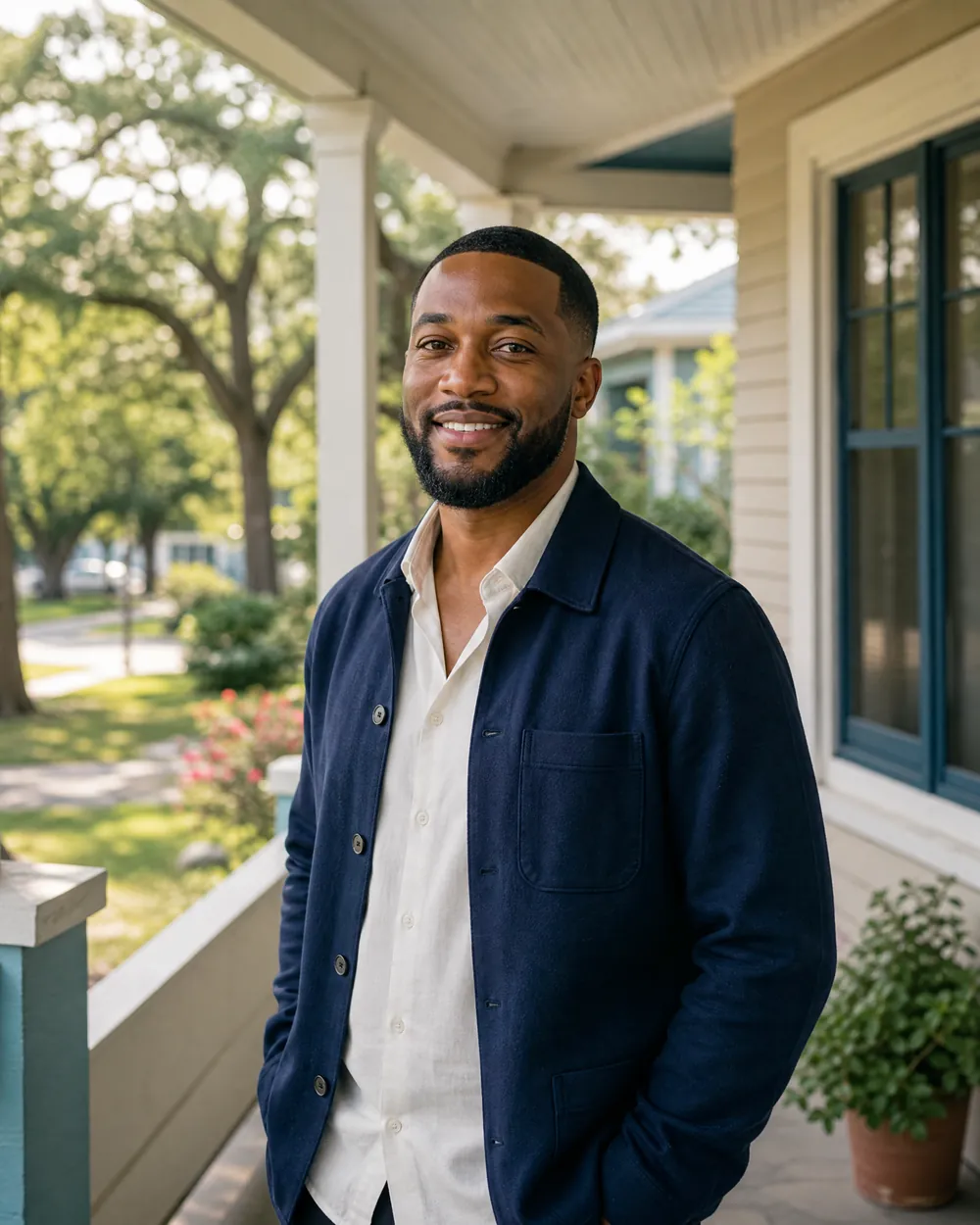 Houston real estate investor on a residential front porch