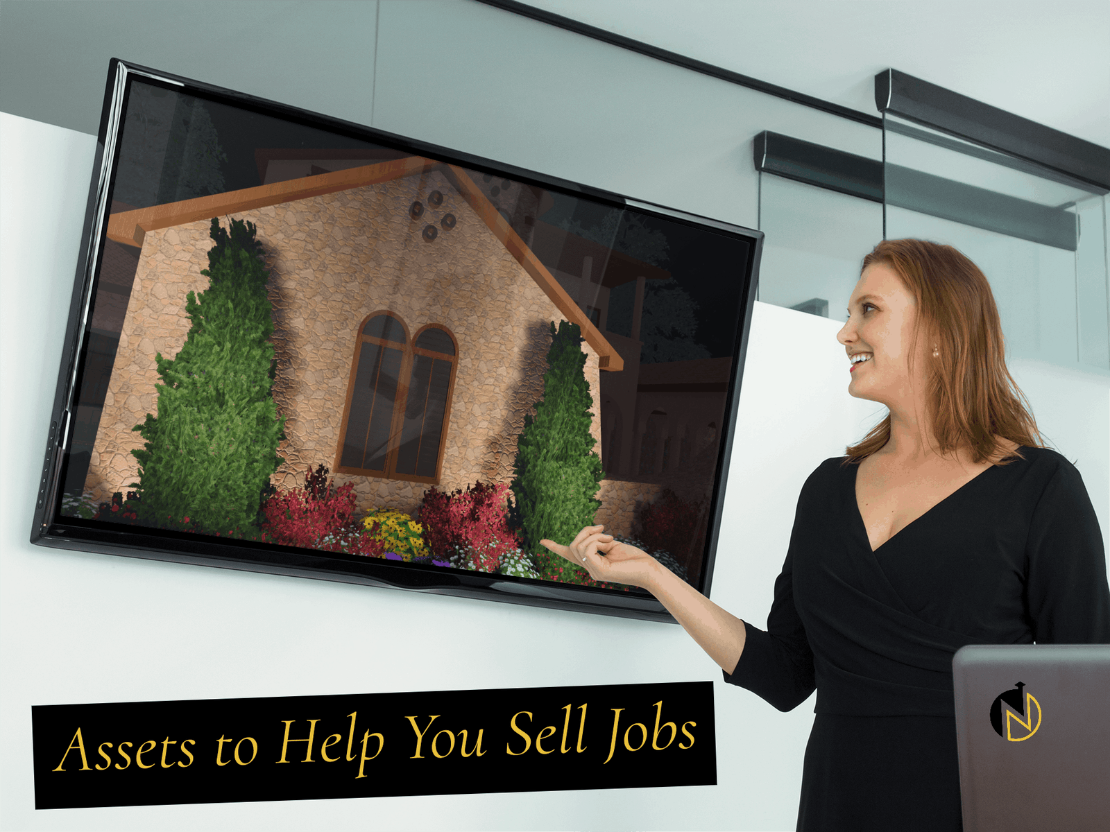 Presentation catalog shown on a TV during a client presentation