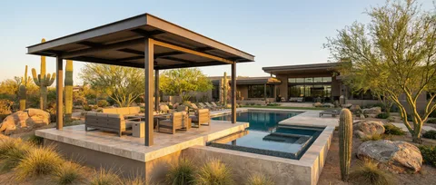 Backyard with custom patio covering in fall