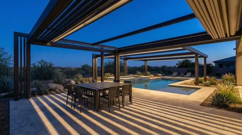 Outdoor kitchen and dining area in fall