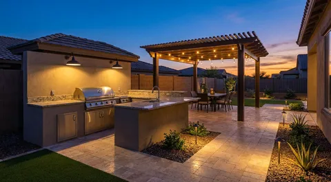 Travertine patio with firepit