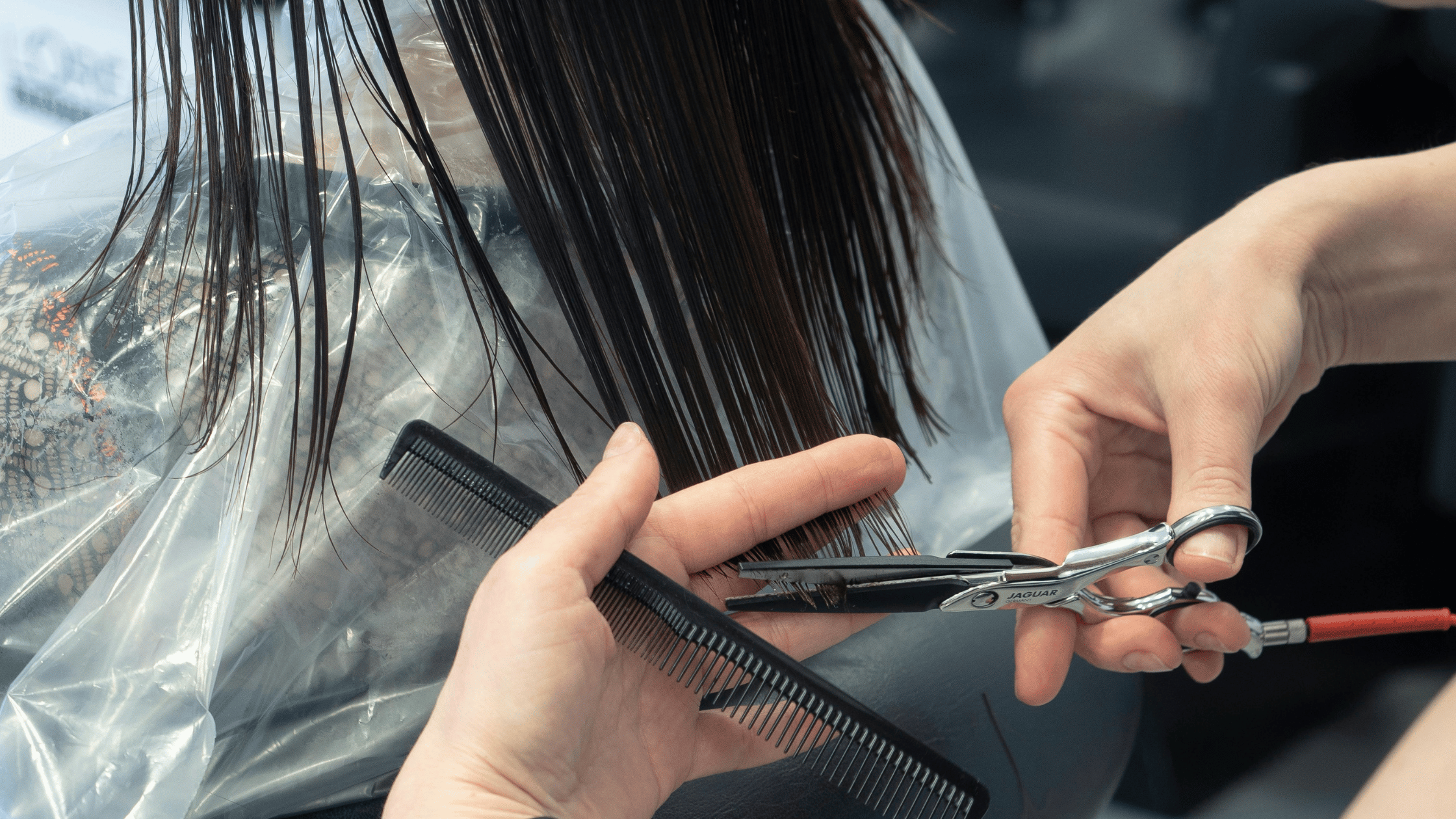 A person is getting their hair cut with scissors and a comb. The hair is dark and wet. A plastic cape is draped over the shoulders.