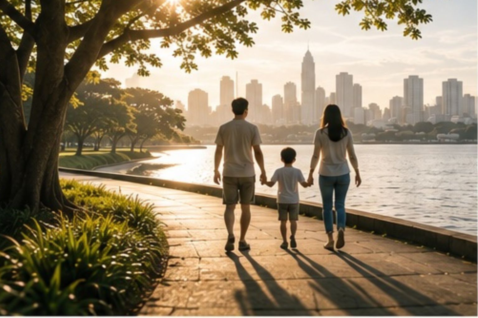 Family walking along a riverside path against a city skyline at sunset