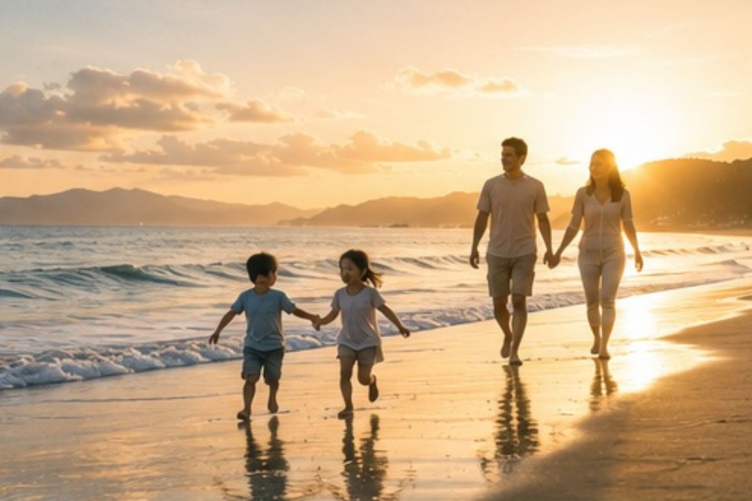 Father and two children running along a beach at sunset