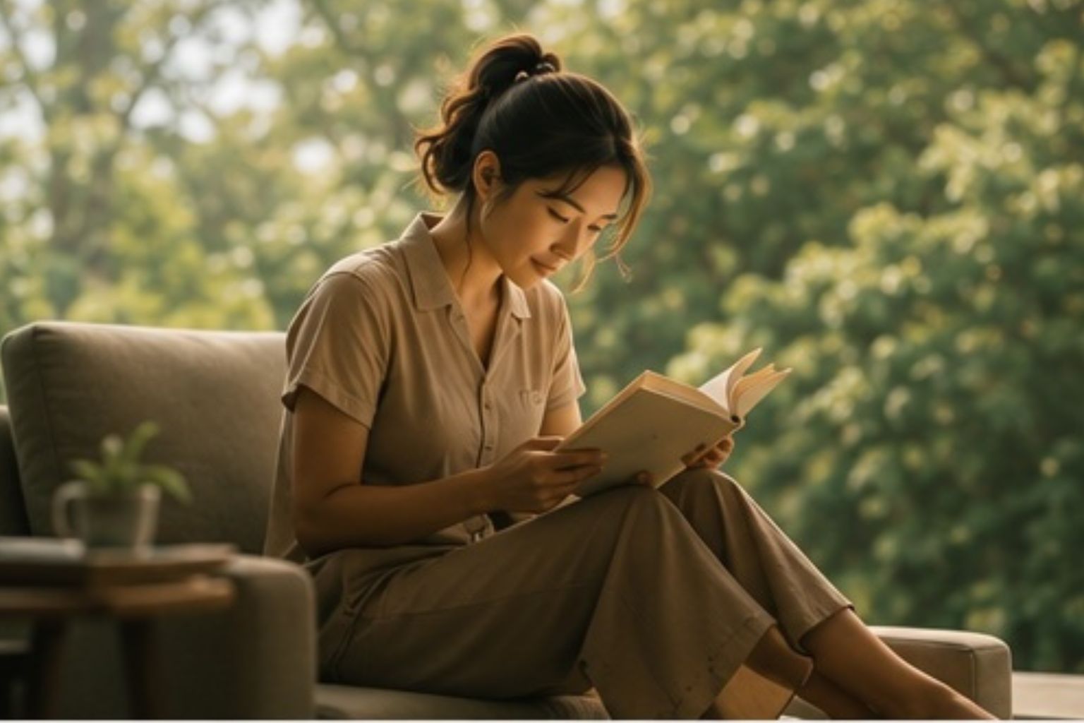 Woman reading a book outdoors in dappled light