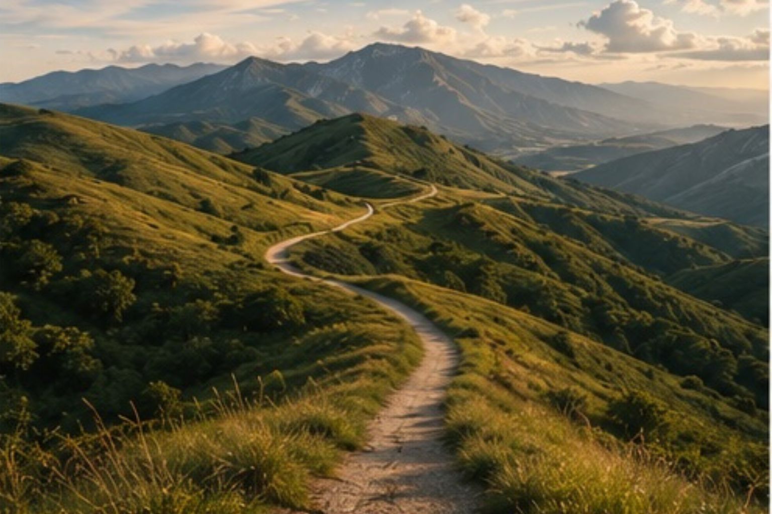 Mountain trail winding through green hills
