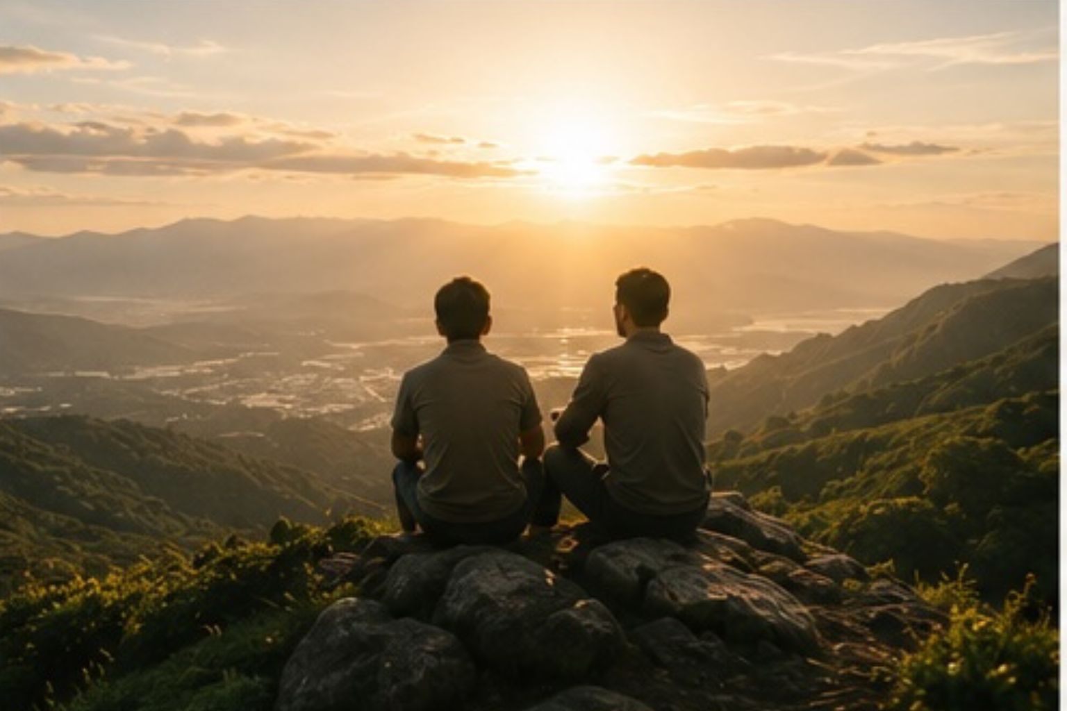 Two people sitting on a hillside watching the sunset