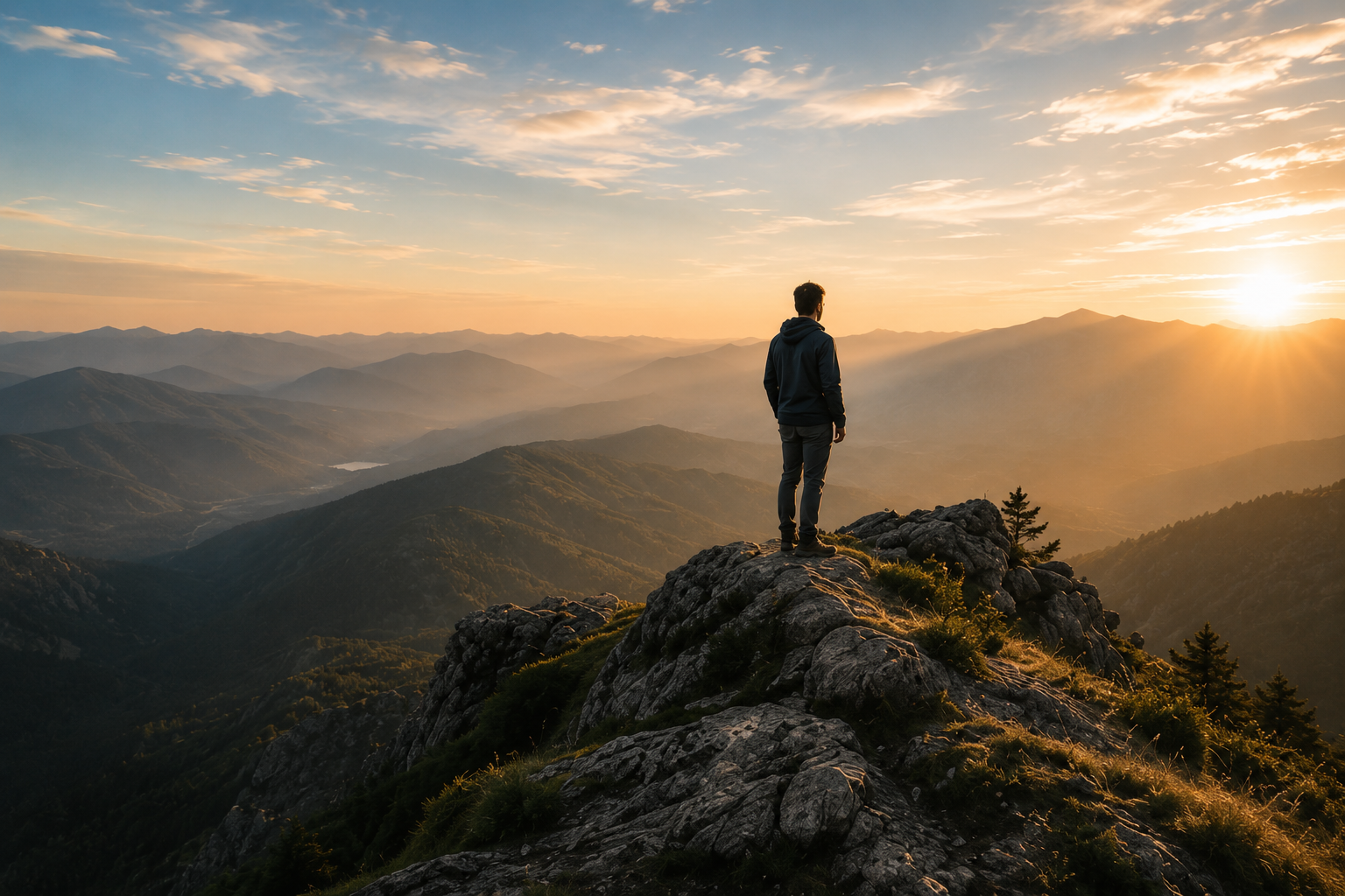 A person standing on a mountain summit at sunrise overlooking a valley