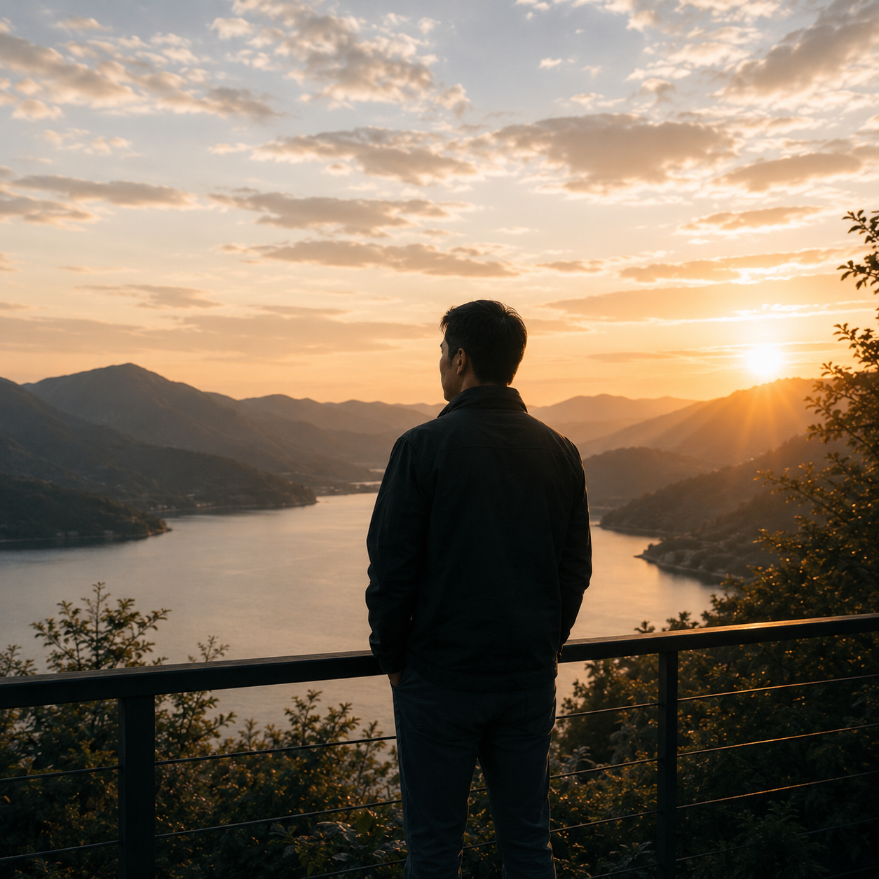 A man standing at a railing overlooking a lake and mountains at sunset