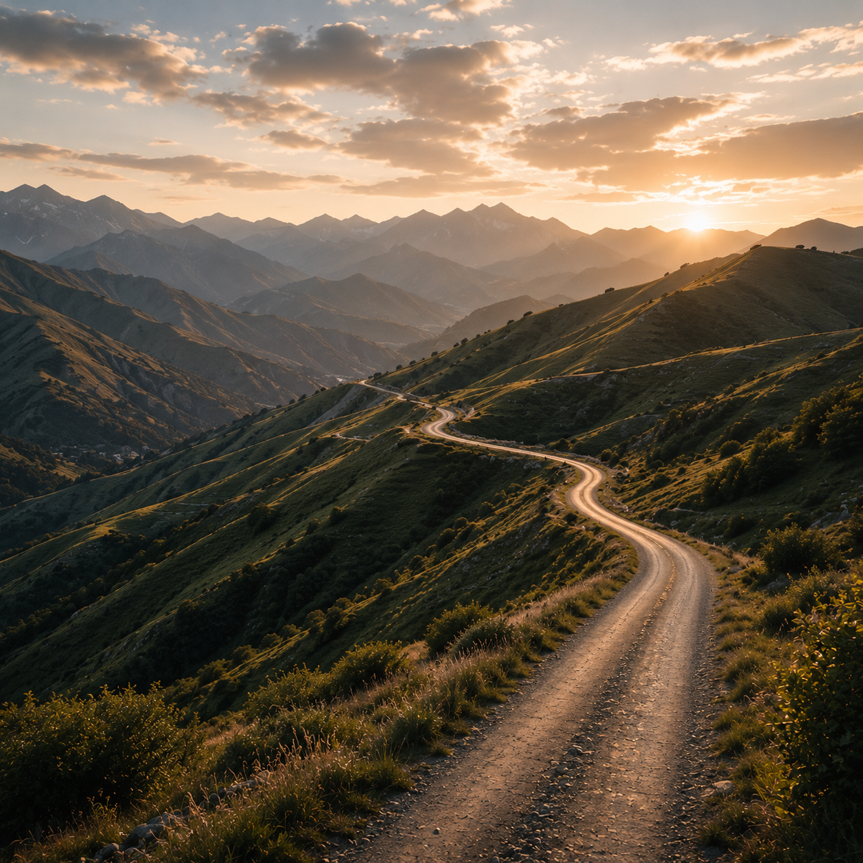 Mountain trail winding through green hills
