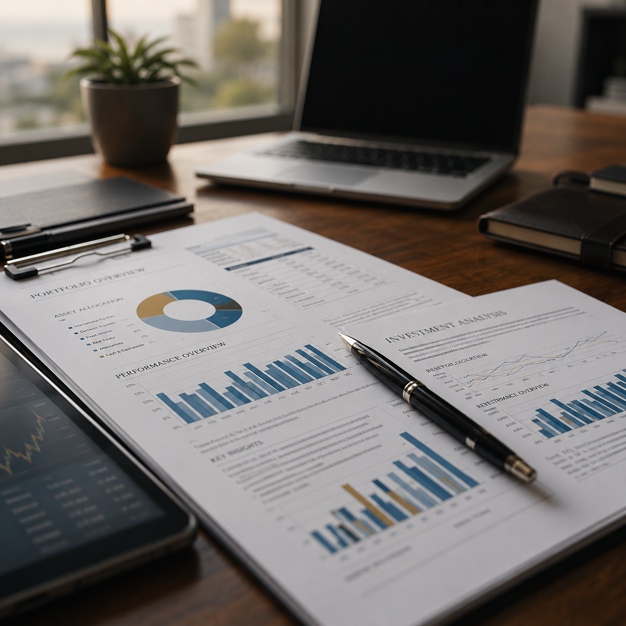 Investment documents and charts on a desk