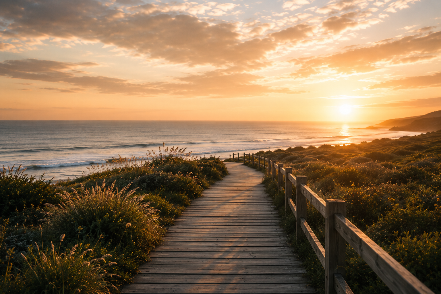 A wooden boardwalk path through coastal grass toward the ocean at sunrise
