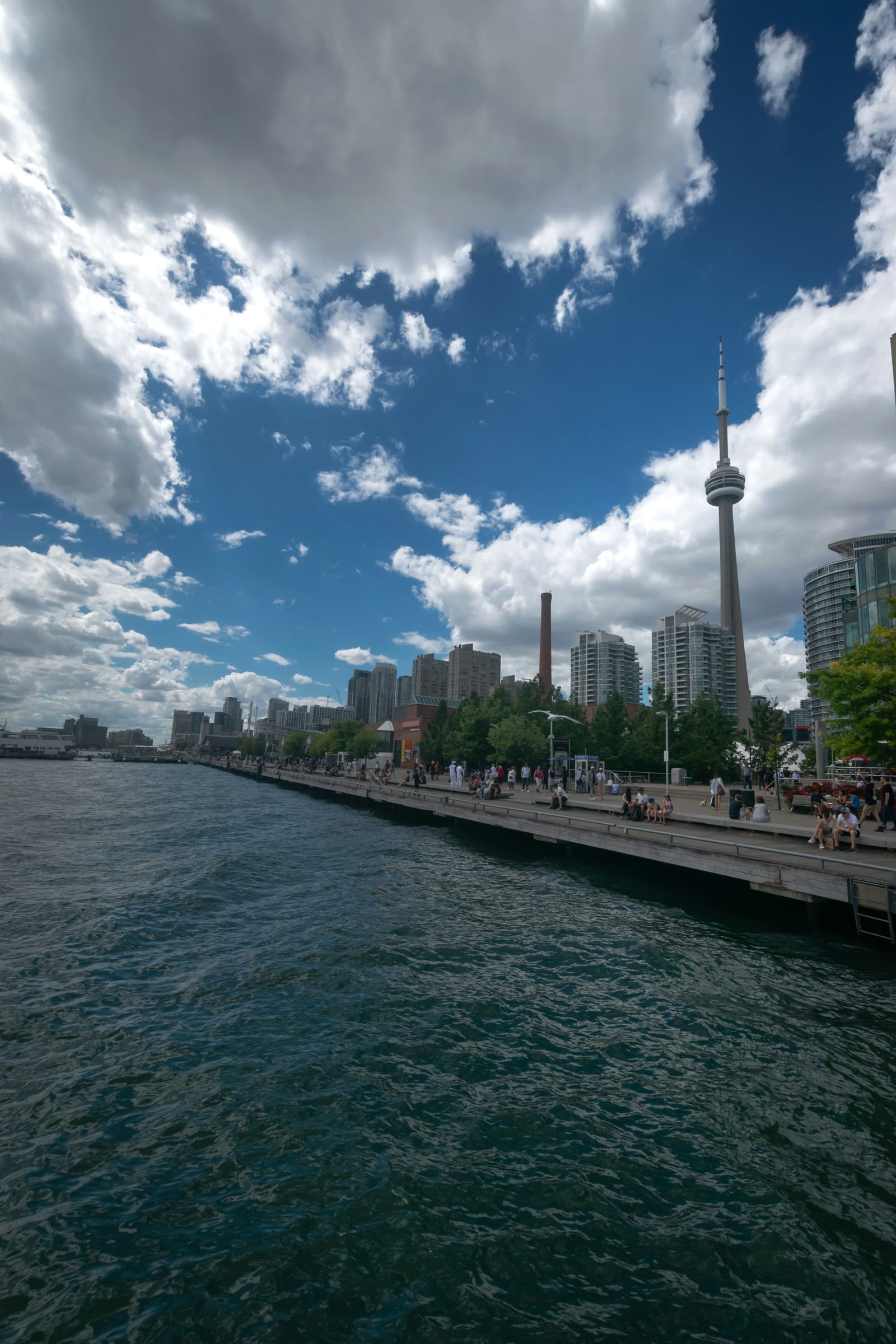 Toronto's waterfront and CN Tower seen across the lake on a clear day