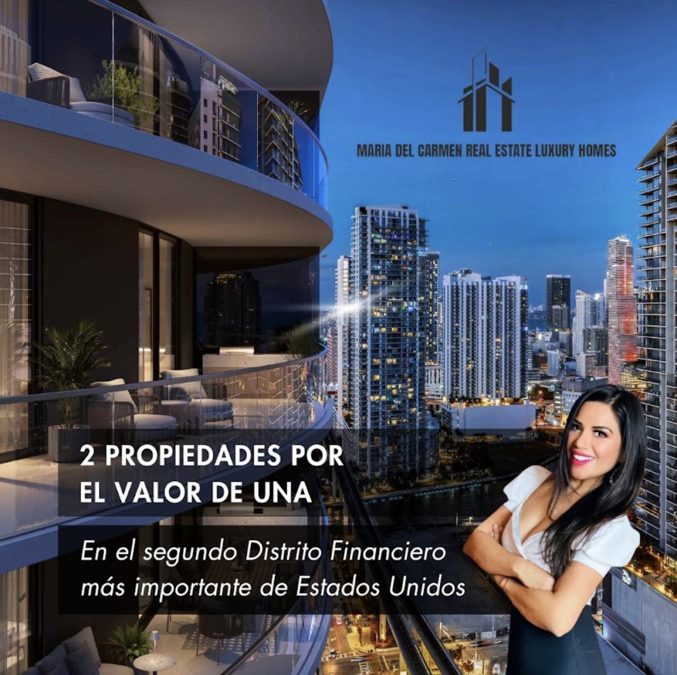 María del Carmen en un balcón con vista a Brickell, Miami: 2 propiedades por el valor de una en el segundo distrito financiero más importante de Estados Unidos