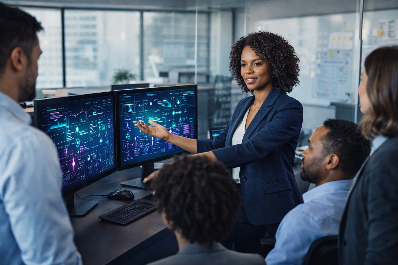 A Black woman in a navy suit presents digital dashboards on two large monitors to a small group in a modern office, visually conveying leadership, collaboration, and building the future together. A Black woman in a navy suit presents digital dashboards on two large monitors to a small group in a modern office, visually conveying leadership, collaboration, and building the future together.