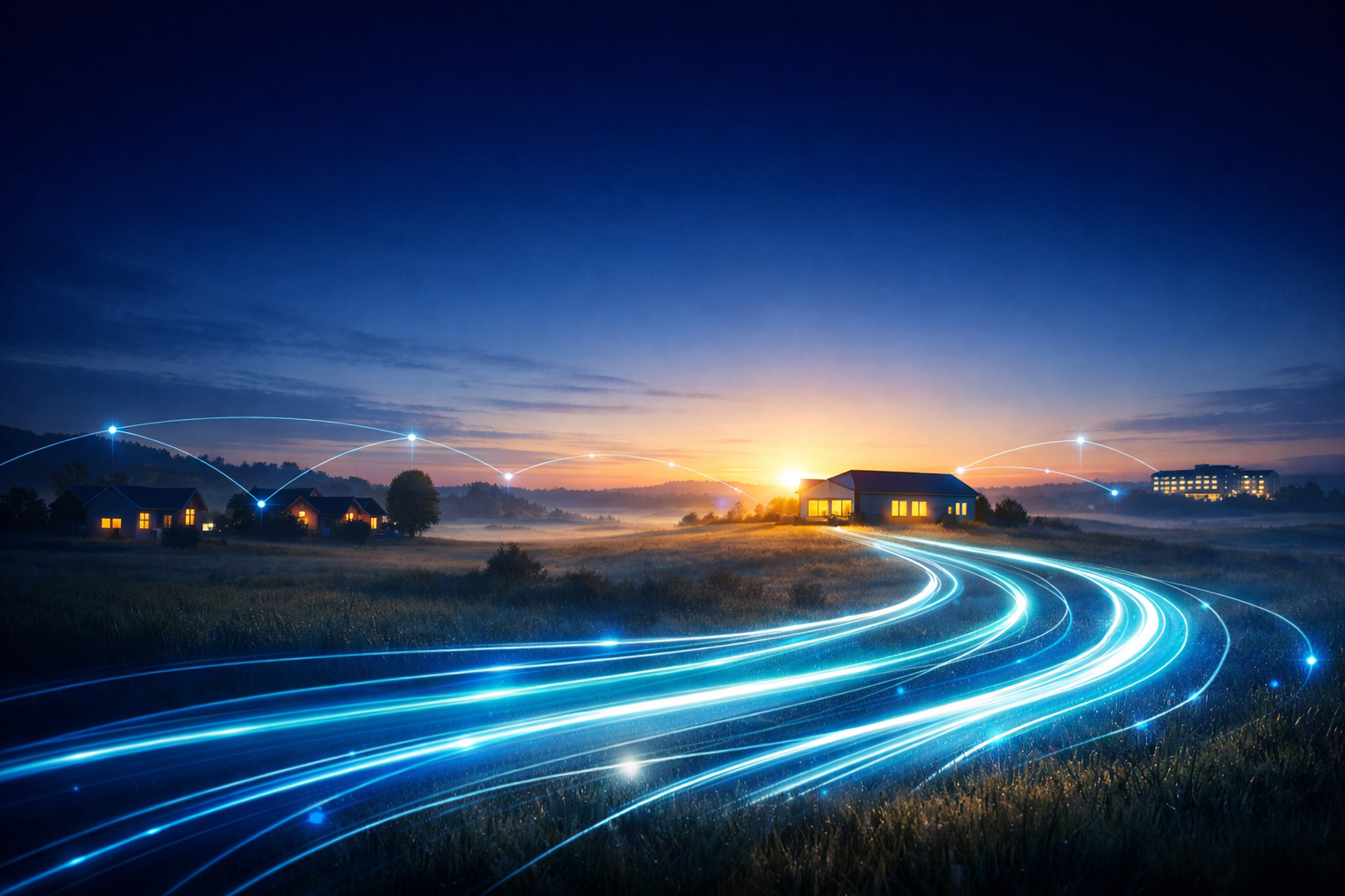 Digital illustration of AI-enabled systems converging across a rural healthcare landscape — workflow automation, remote monitoring, broadband, and clinical support tools working together. AI-generated.