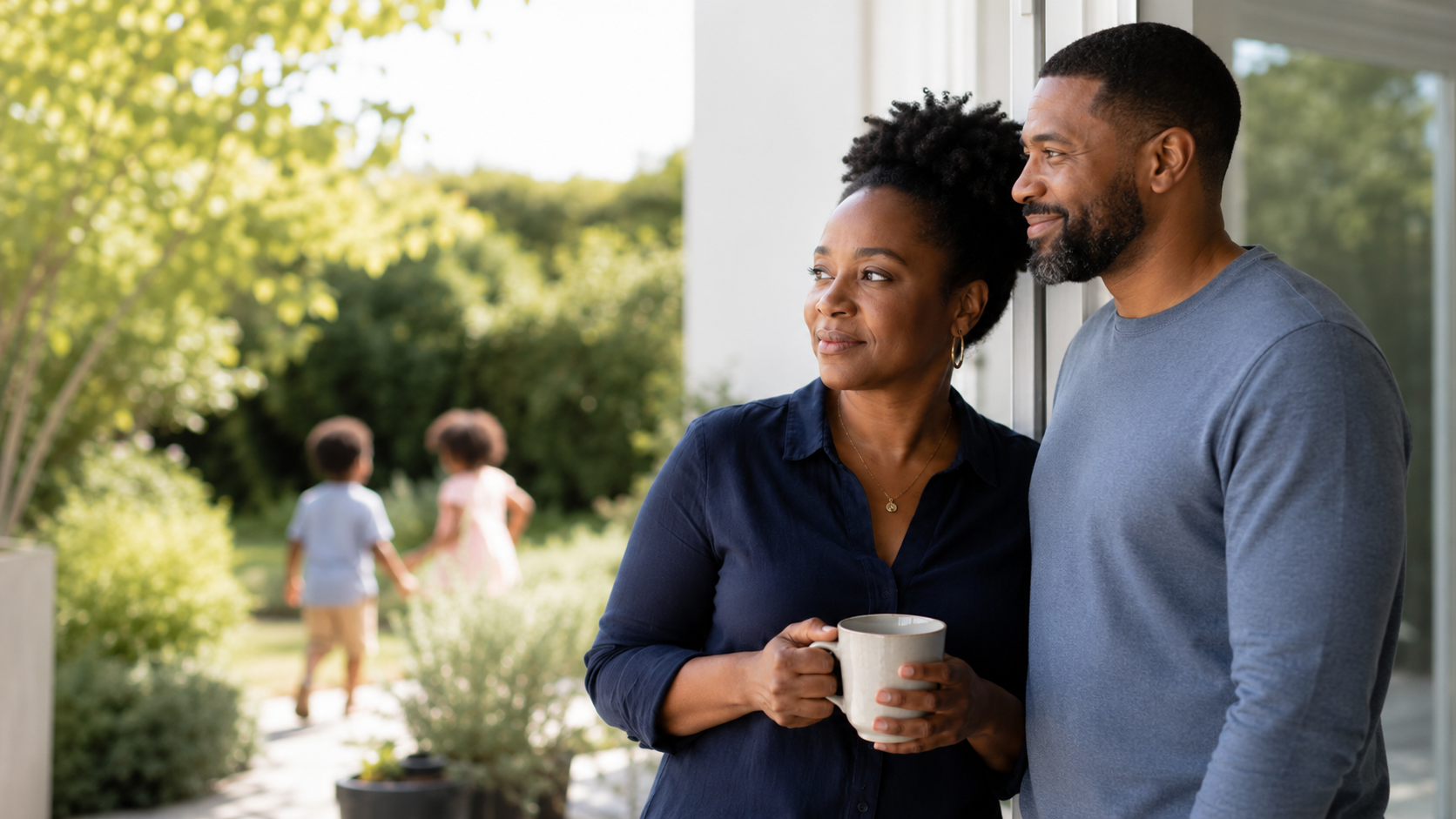 A couple stands together near a bright doorway, looking out toward their children playing in a sunlit garden, conveying family reflection, partnership, and intentional summer planning.
