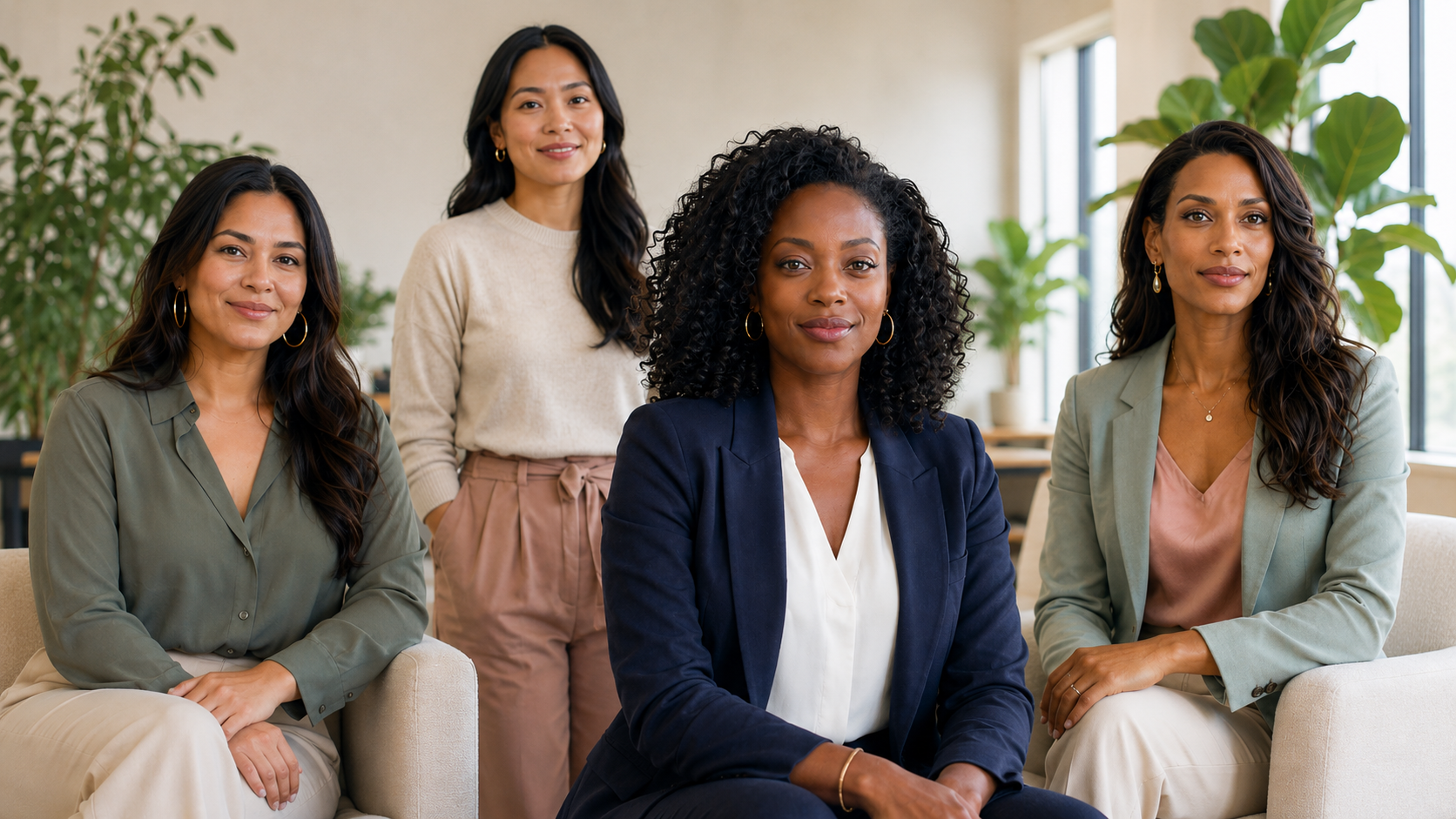 Alt text: Header image of four professional women in a bright modern office lounge, with a Black woman in a navy blazer as the focal point and other women positioned around her in a modern corporate setting, representing leadership and collaboration. Alt text: Header image of four professional women in a bright modern office lounge, with a Black woman in a navy blazer as the focal point and other women positioned around her in a modern corporate setting, representing leadership and collaboration.