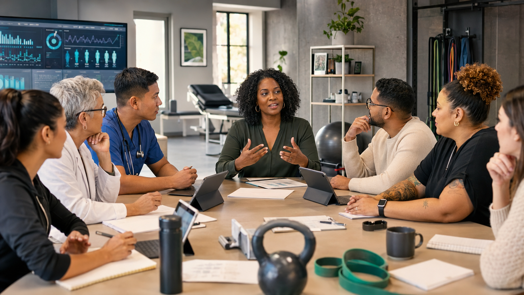 A Black woman leads a multicultural team of clinicians, fitness professionals, and technology workers around a conference table in a hybrid clinic and training space with health dashboards, tablets, resistance bands, and a kettlebell visible.