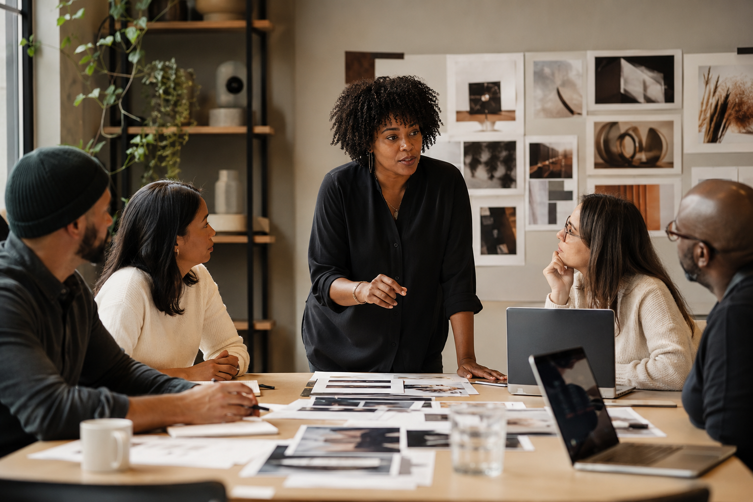 A Black woman leads a project review while standing at a conference table, speaking to four seated colleagues surrounded by printed materials, laptops, and a wall of pinned reference images.