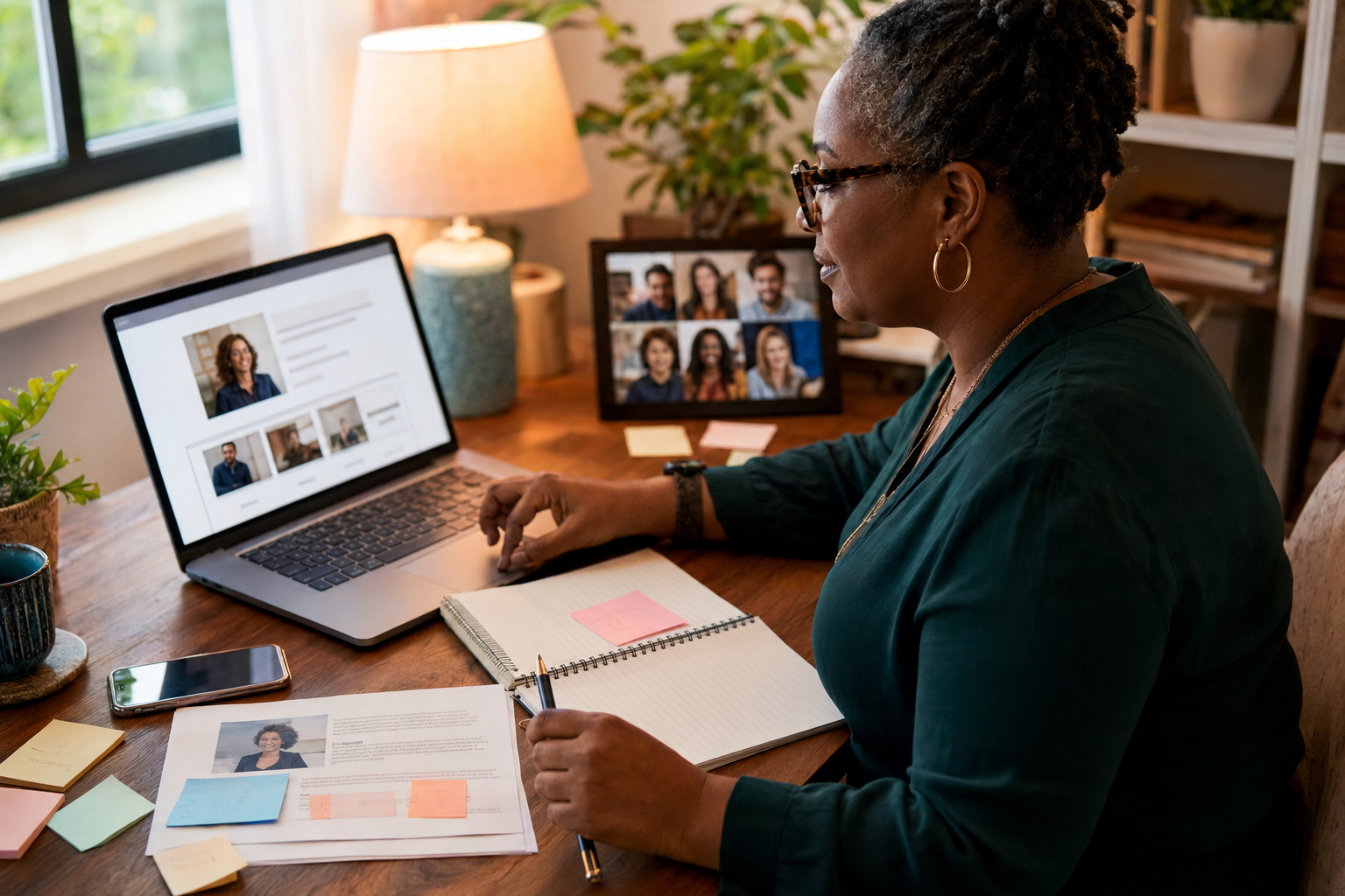 A Black woman with locs and tortoiseshell glasses works at a warm wooden home-office desk, reviewing a personal website layout on her laptop while taking notes beside a printed profile page, sticky notes, and a framed photo of colleagues.