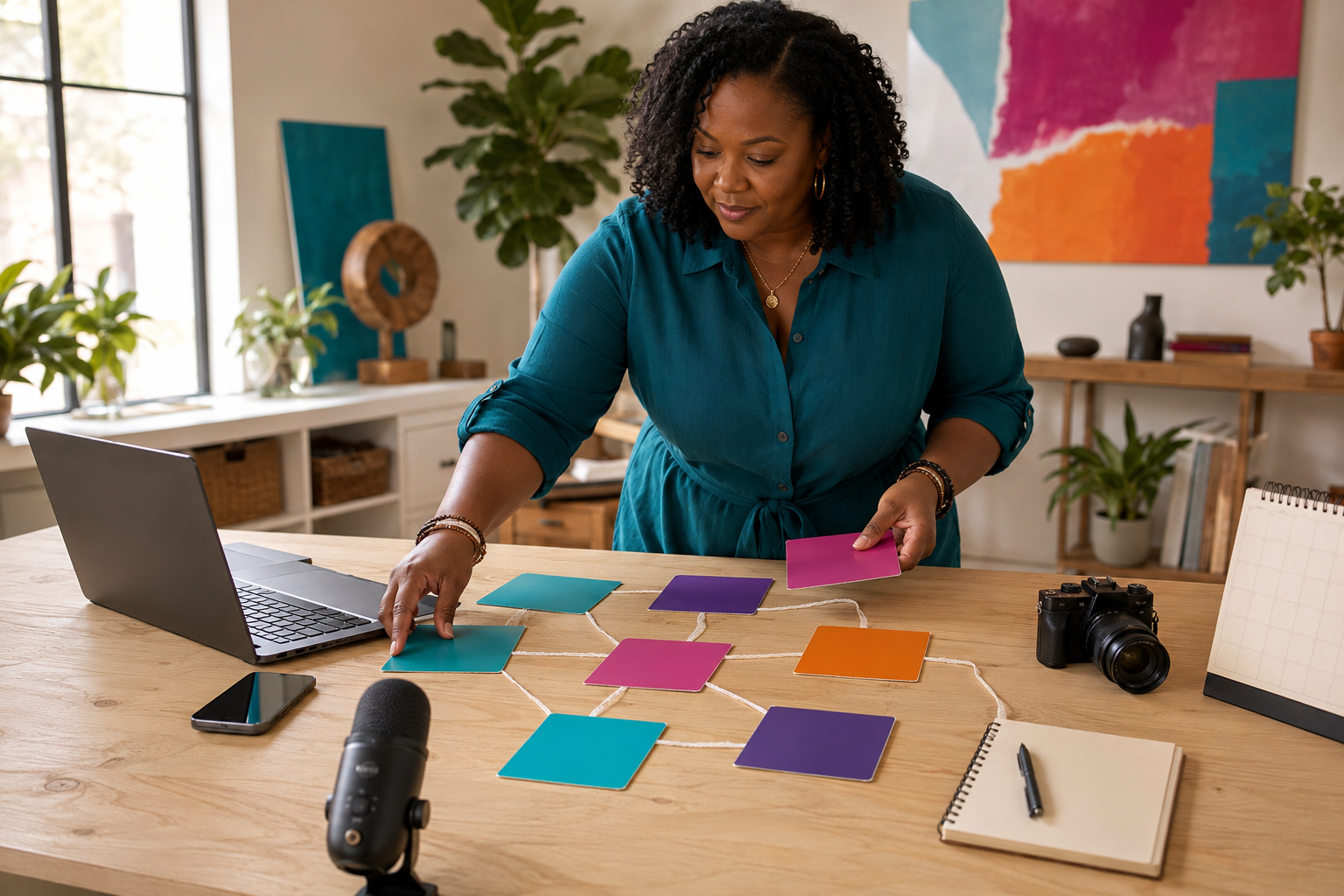 A Black woman digital strategist in a teal jumpsuit arranges seven brightly colored cards into a connected planning system on a wooden worktable, surrounded by a laptop, microphone, camera, phone, calendar, and notebook.