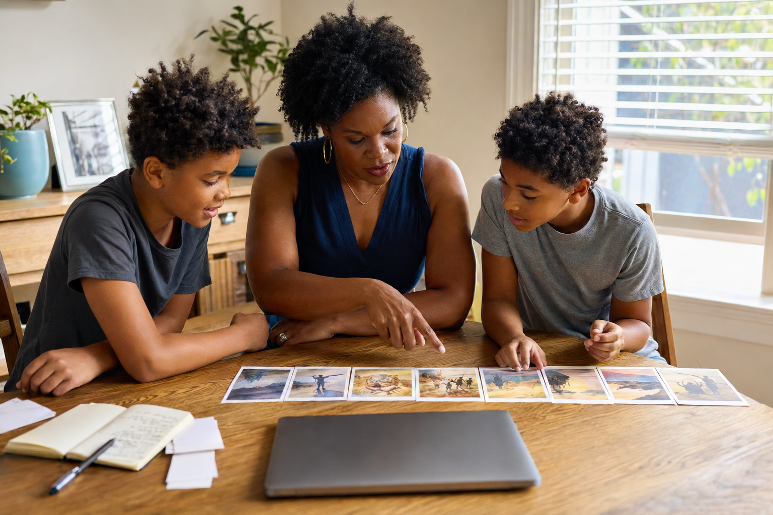 A Black mother and her two sons arrange a sequence of image cards on a table, turning a book discussion into a visual storyboard.
