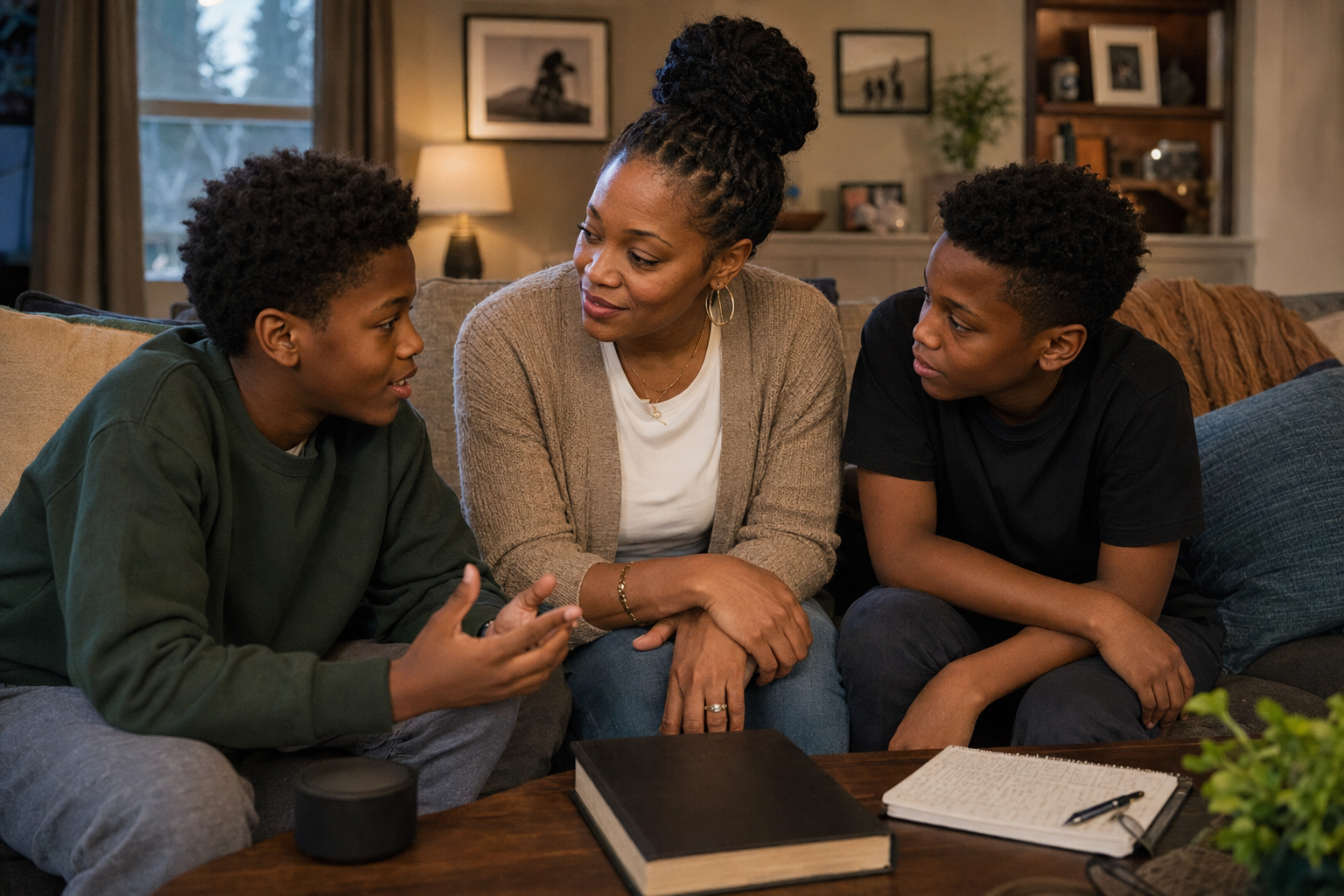 A Black mother listens closely as her two sons share ideas during a warm family conversation, with a book and discussion notes nearby.