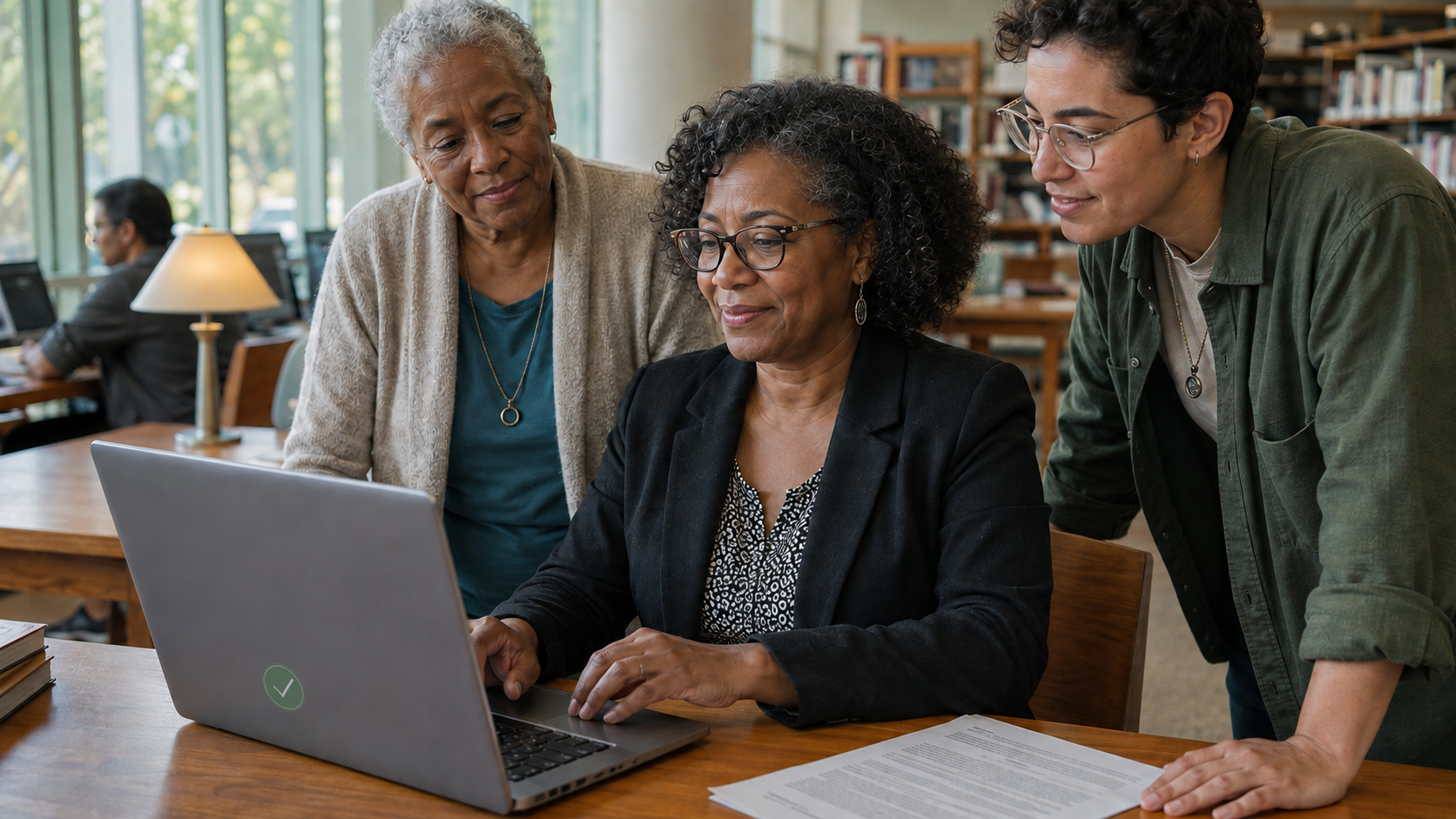 Three women at a library table submit a comment on a laptop showing a green checkmark; an older Black woman and a younger colleague look on as a Black woman in glasses types, with a printed document beside the computer. Three women at a library table submit a comment on a laptop showing a green checkmark; an older Black woman and a younger colleague look on as a Black woman in glasses types, with a printed document beside the computer.