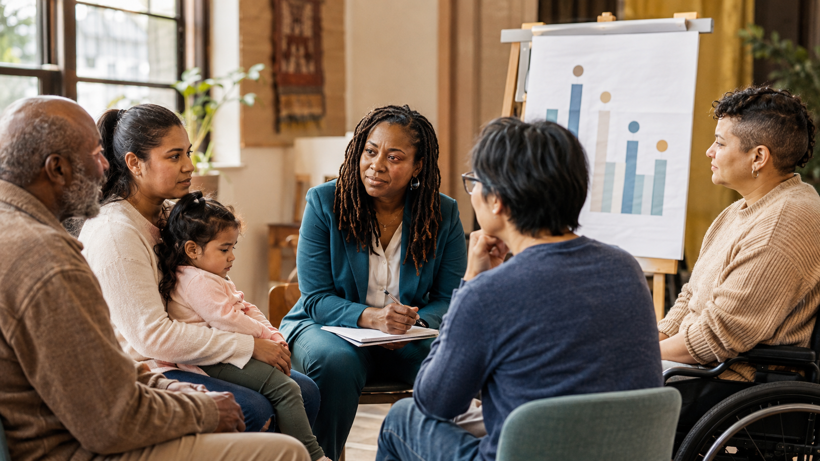 A Black woman in a teal blazer takes notes in a community circle that includes a mother holding a toddler, an older man, an East Asian woman, and a woman using a wheelchair, with a bar chart on an easel behind them. A Black woman in a teal blazer takes notes in a community circle that includes a mother holding a toddler, an older man, an East Asian woman, and a woman using a wheelchair, with a bar chart on an easel behind them.