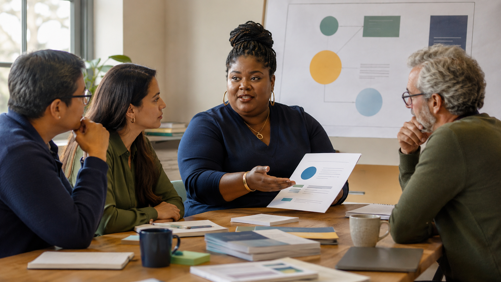 A Black woman with braided hair in a navy top presents a one-page recommendation with a chart to three colleagues around a conference table, with a flowchart on the whiteboard behind her. A Black woman with braided hair in a navy top presents a one-page recommendation with a chart to three colleagues around a conference table, with a flowchart on the whiteboard behind her.