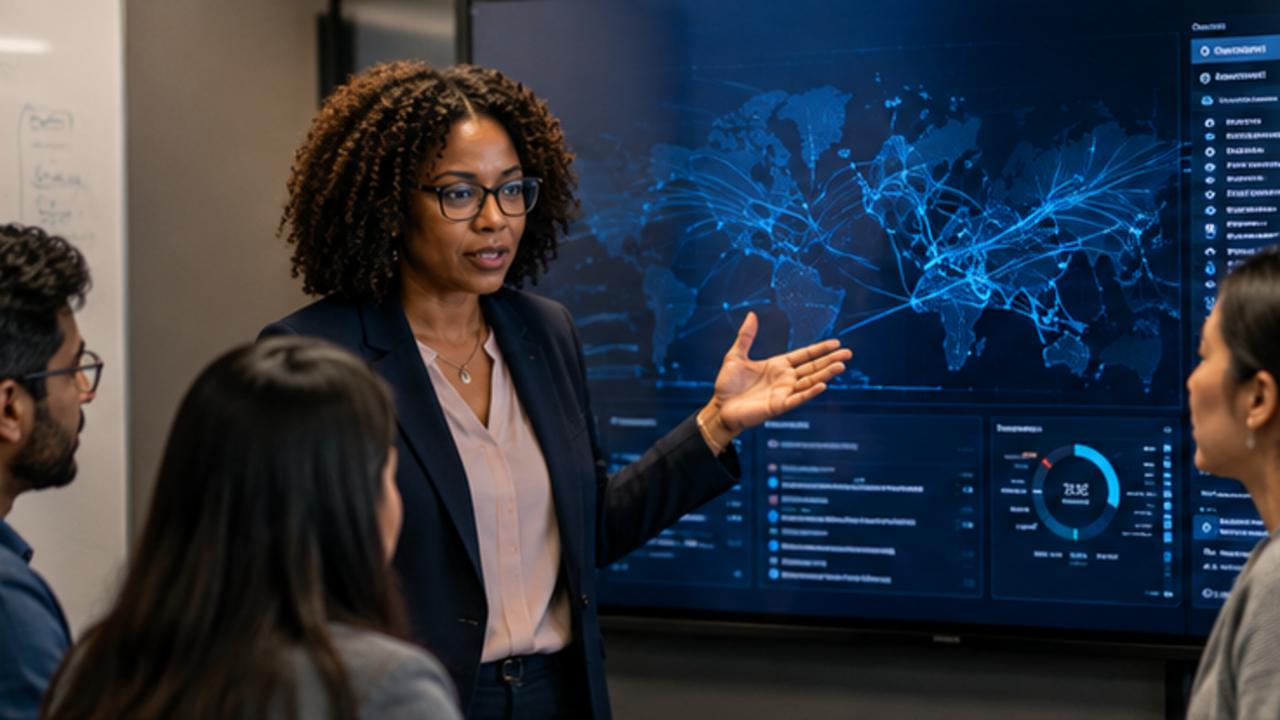 Three illustrated people stand in front of a large wall screen. One person points toward a digital world map covered with location markers and connecting lines, while the others look at the screen. A side panel shows risk-assessment scores and a bulleted list of threat incidents.