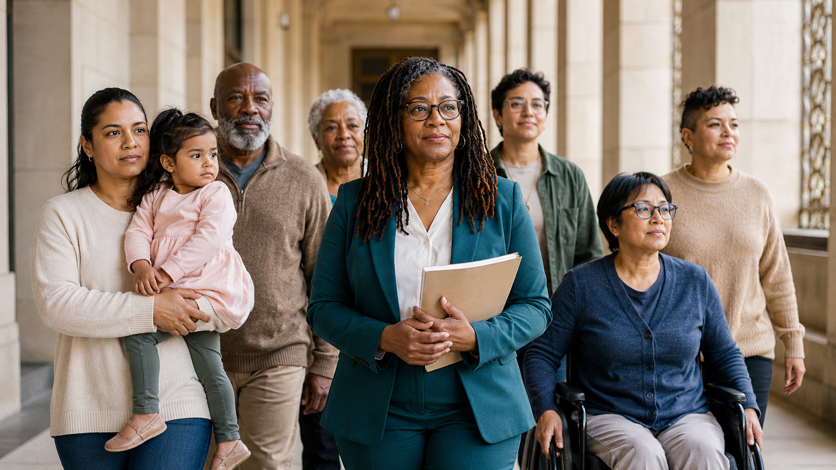 A diverse group of community members stands in a stone government corridor: a mother holding a toddler, elders, a Black woman in a teal suit holding a folder, a younger colleague, and a woman using a wheelchair. A diverse group of community members stands in a stone government corridor: a mother holding a toddler, elders, a Black woman in a teal suit holding a folder, a younger colleague, and a woman using a wheelchair.
