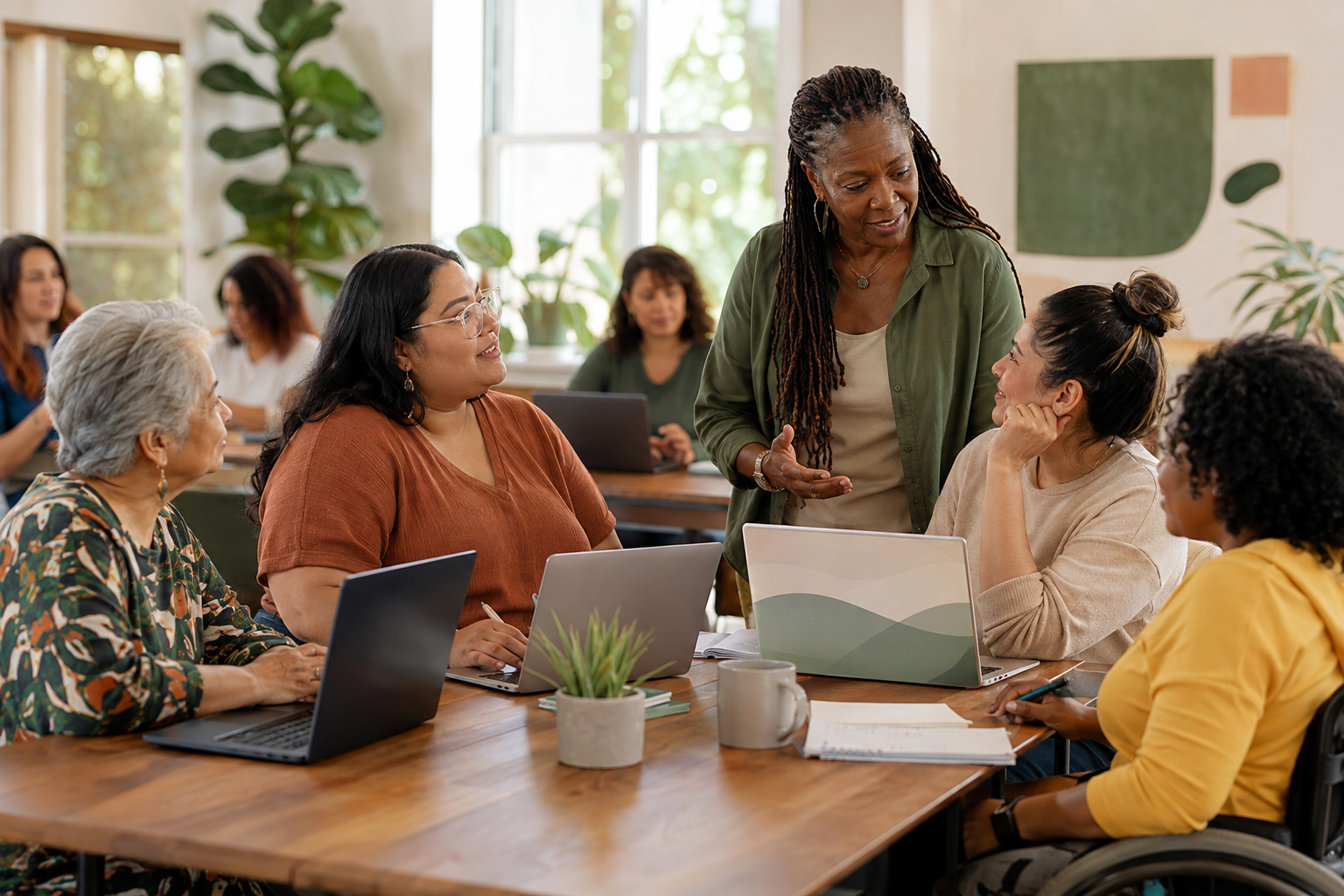 A Black woman with long locs leads a diverse group of women gathered around laptops in a bright meeting room; a participant in a wheelchair sits at the table.