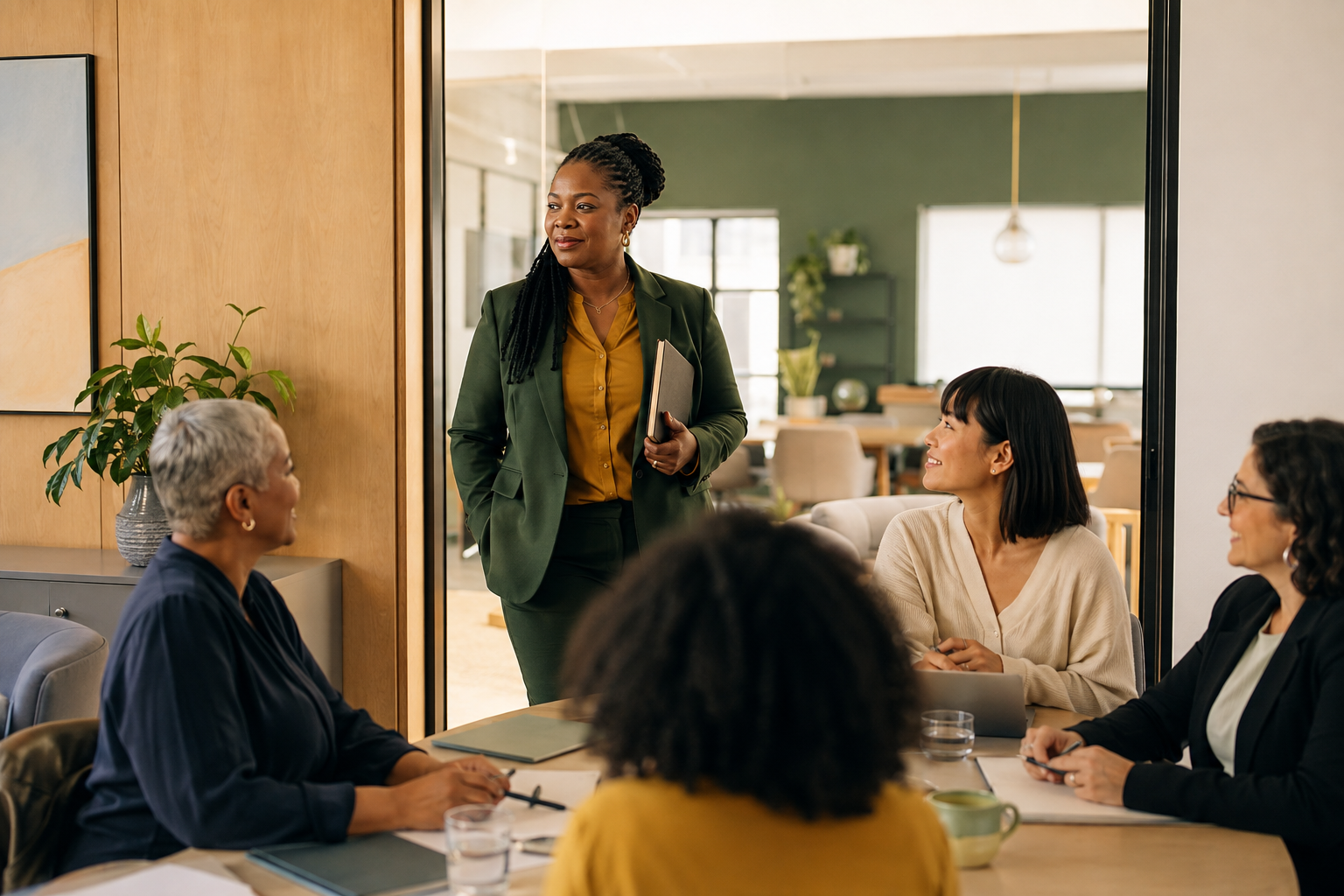 A Black woman in a green suit stands at the entrance to a meeting room holding a notebook while a diverse group of women looks toward her around a table.