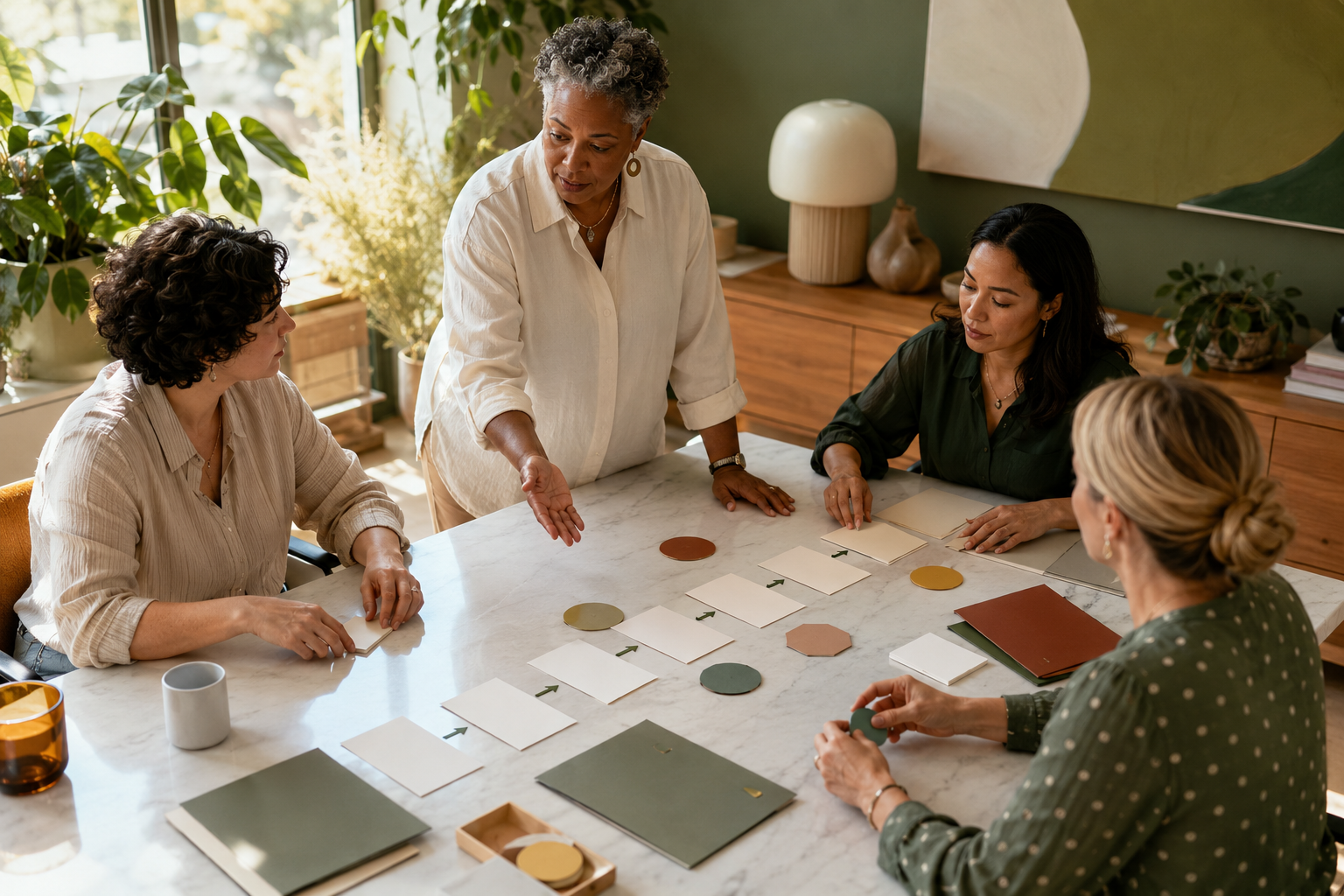 An older Black woman in a white shirt gestures over a table of blank cards and colored shapes while three women review the arrangement.