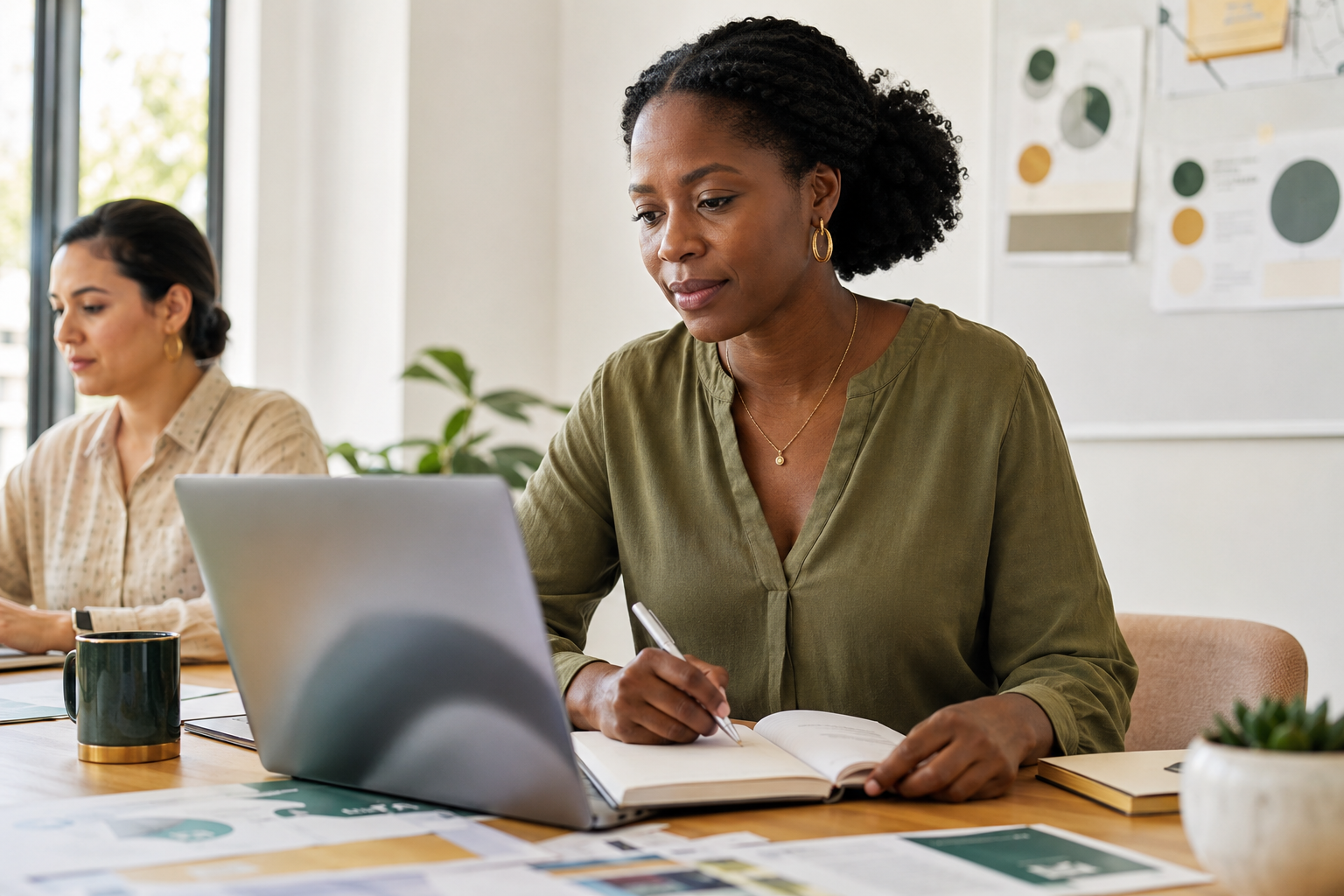 A Black woman sits at a desk with a laptop and notebook, writing while another woman works in the background.