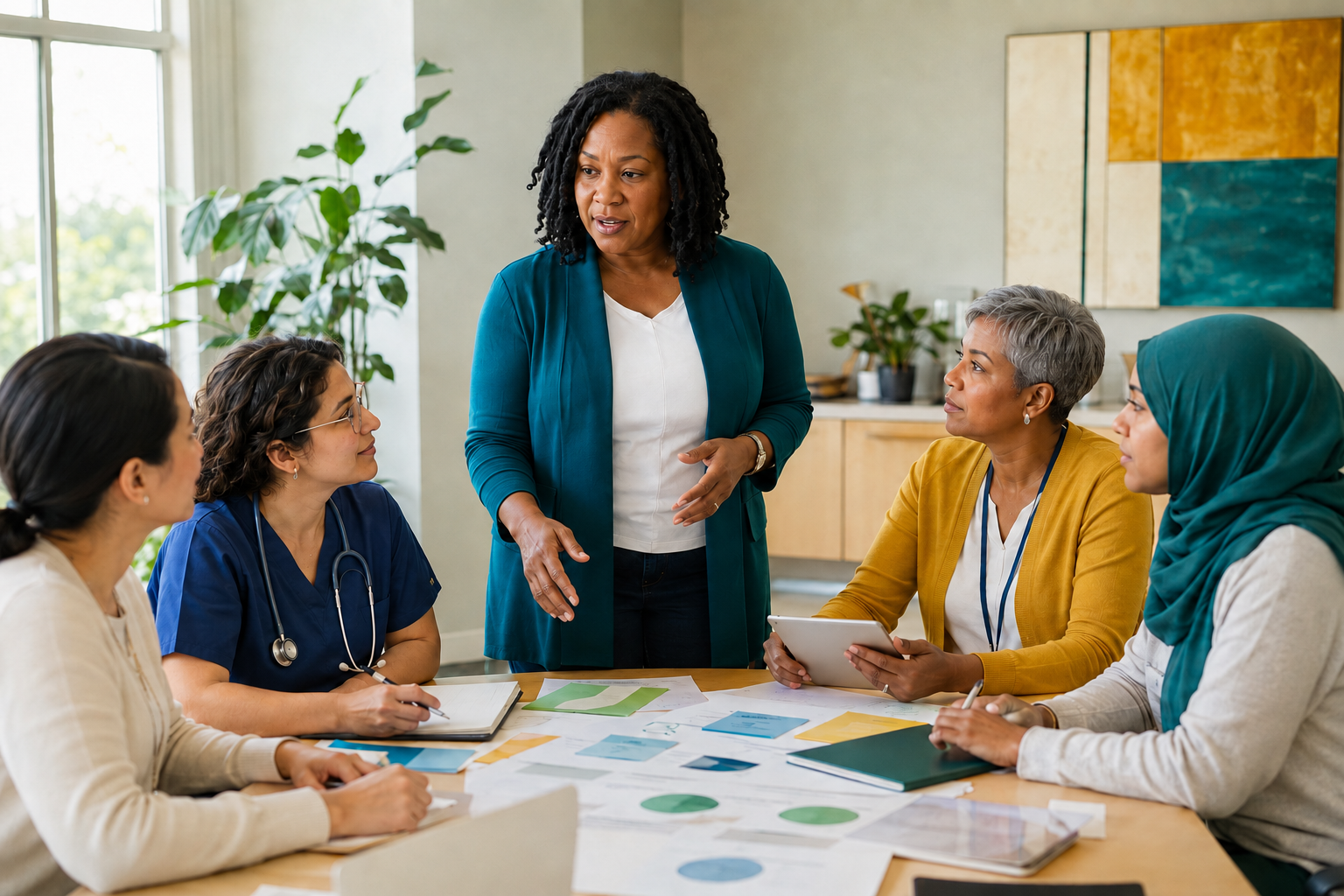 A Black woman in a teal cardigan stands at a table leading a diverse group of women, including a clinician with a stethoscope and a woman holding a tablet.