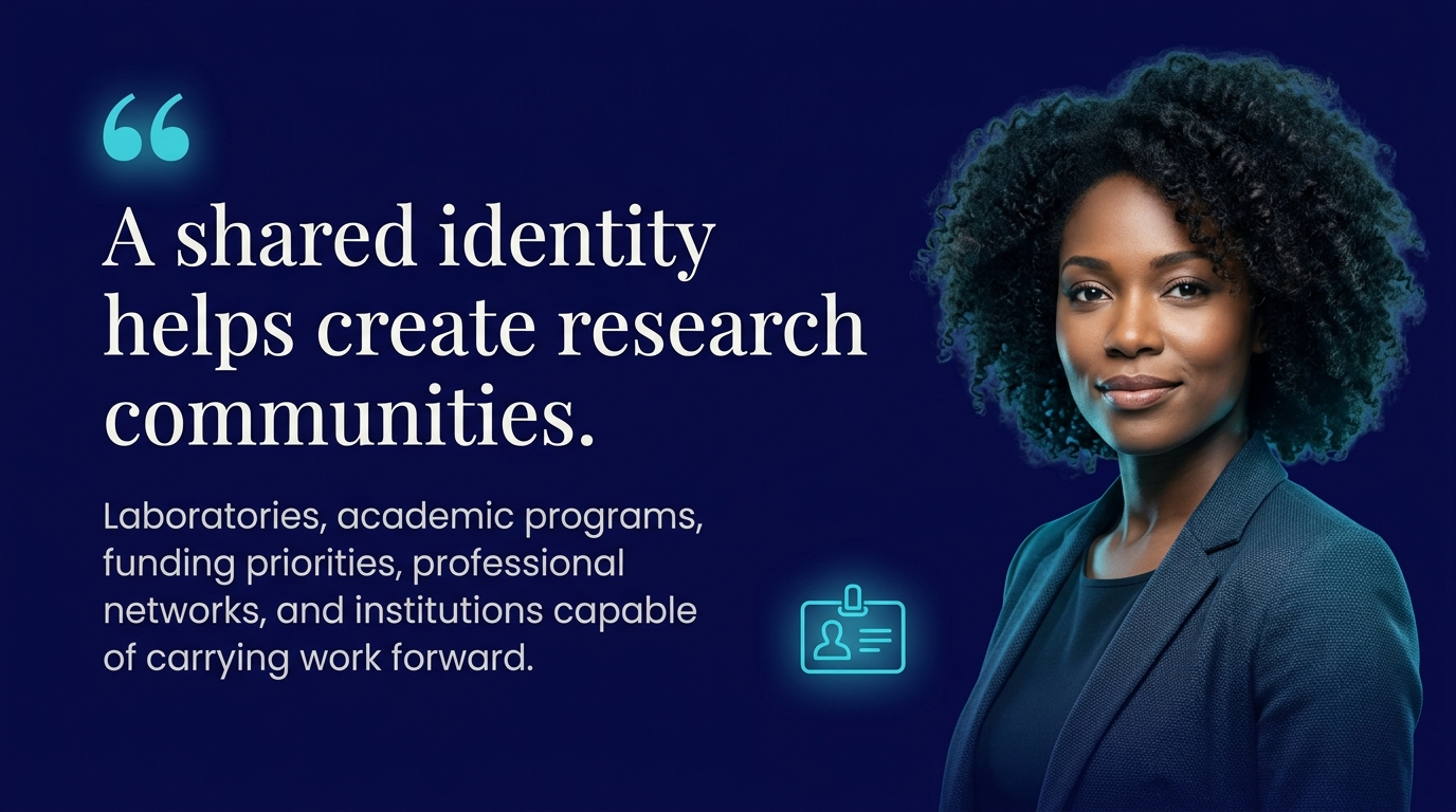 A quote graphic on a glowing navy background reading: A shared identity helps create research communities. Laboratories, academic programs, funding priorities, professional networks, and institutions capable of carrying work forward, beside a photorealistic portrait of a Black woman professional, with an id-badge icon accent.