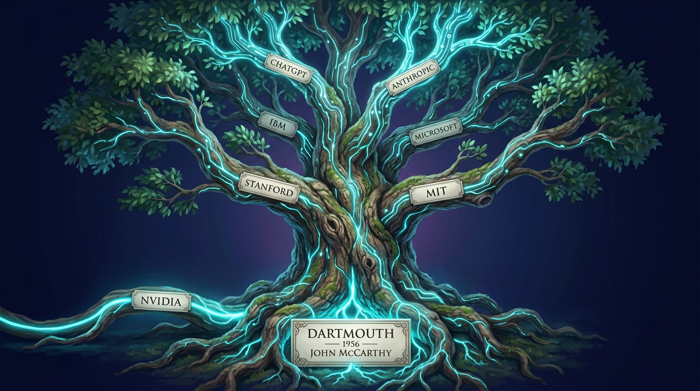 An ancient, deeply rooted tree illustration representing AI's lineage. Glowing cyan roots trace back to a plaque reading Dartmouth 1956, John McCarthy. Thick lower branches are labeled Stanford and MIT, mid branches are labeled IBM and Microsoft, newer upper branches are labeled ChatGPT and Anthropic, and a glowing side root is labeled Nvidia, powering the whole tree.