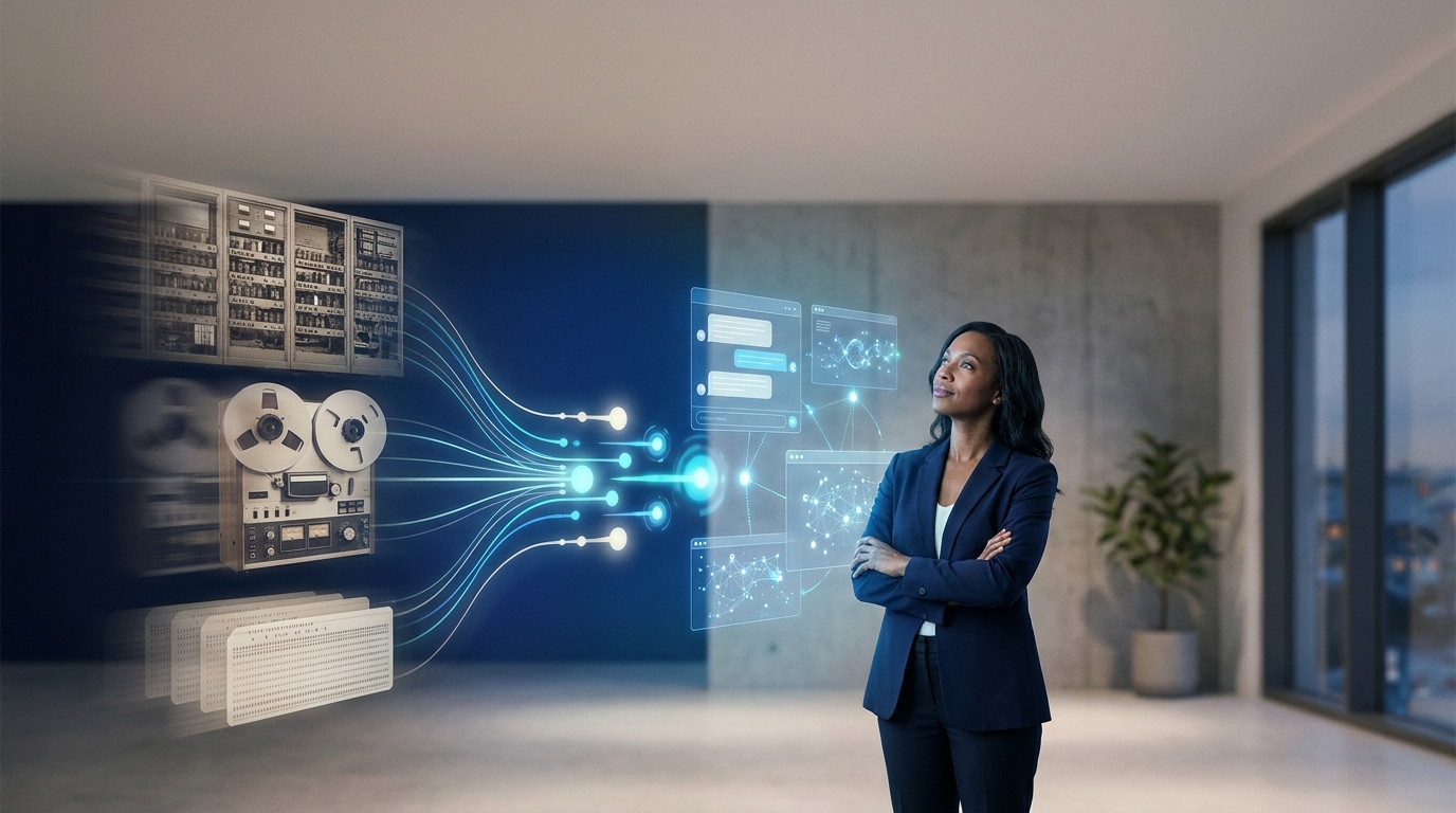 A confident Black woman in a navy blazer stands with her arms crossed in a modern office. To her left, vintage computing equipment — an old mainframe cabinet, a reel-to-reel tape drive, and punch cards — dissolves along glowing blue data lines into modern holographic chat and network interfaces.