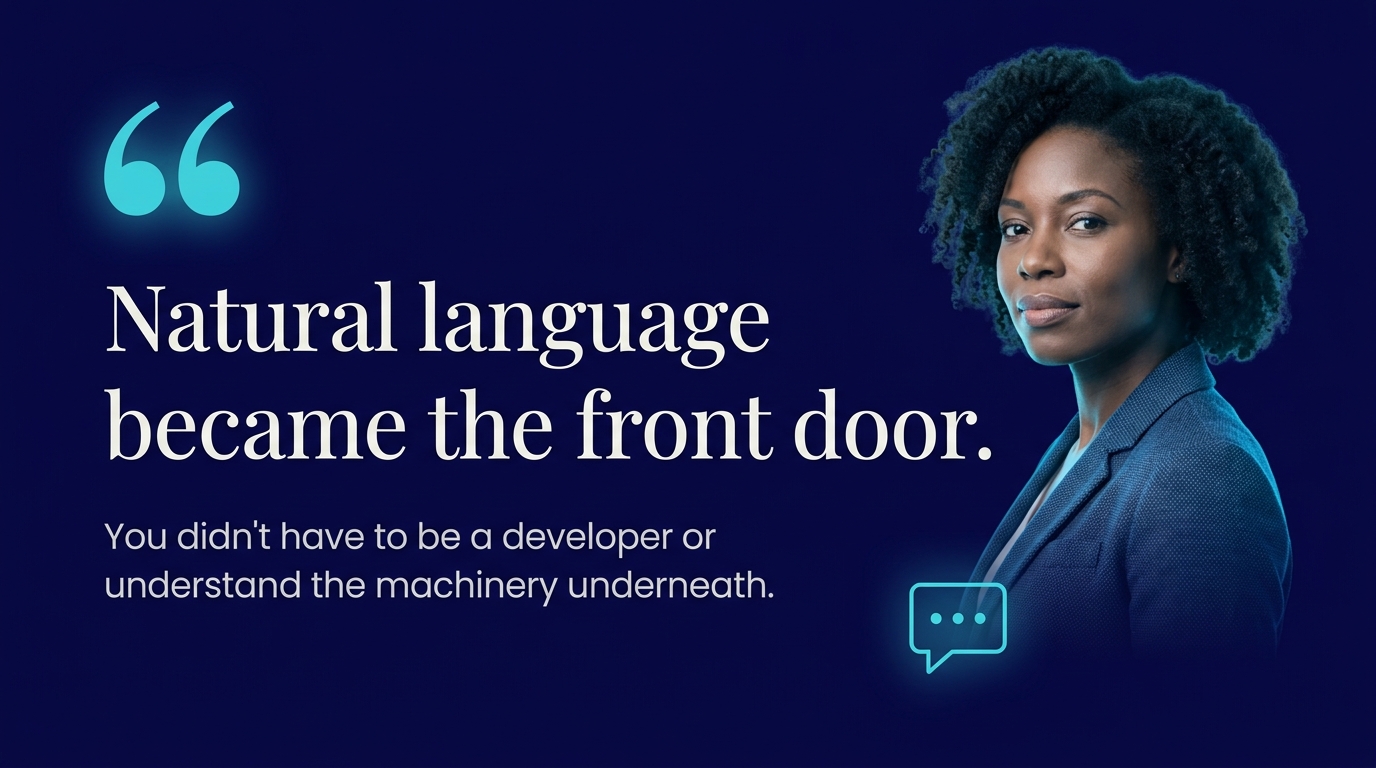 A quote graphic on a glowing navy background reading: Natural language became the front door. You didn't have to be a developer or understand the machinery underneath, beside a photorealistic portrait of a Black woman professional, with a chat-bubble icon accent.