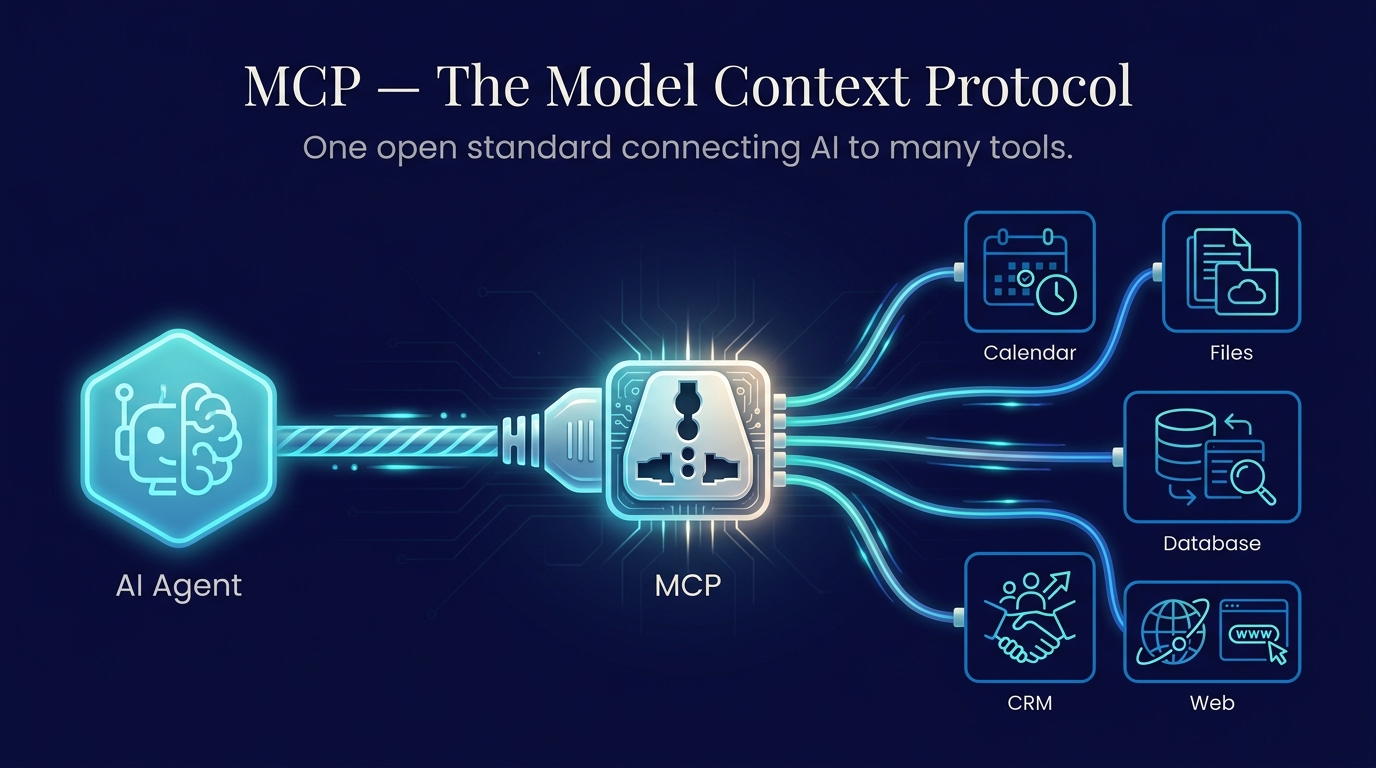 Diagram showing an AI Agent connecting through a single universal MCP plug/socket, which then fans out to separate tool icons labeled Calendar, Files, Database, CRM, and Web.