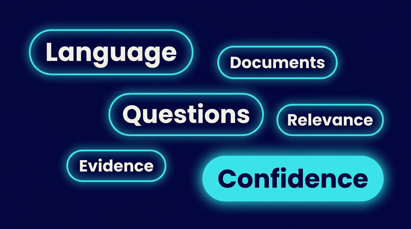 Six linked glowing chips reading Language, Documents, Questions, Evidence, Relevance, and Confidence, connected in a horizontal chain.