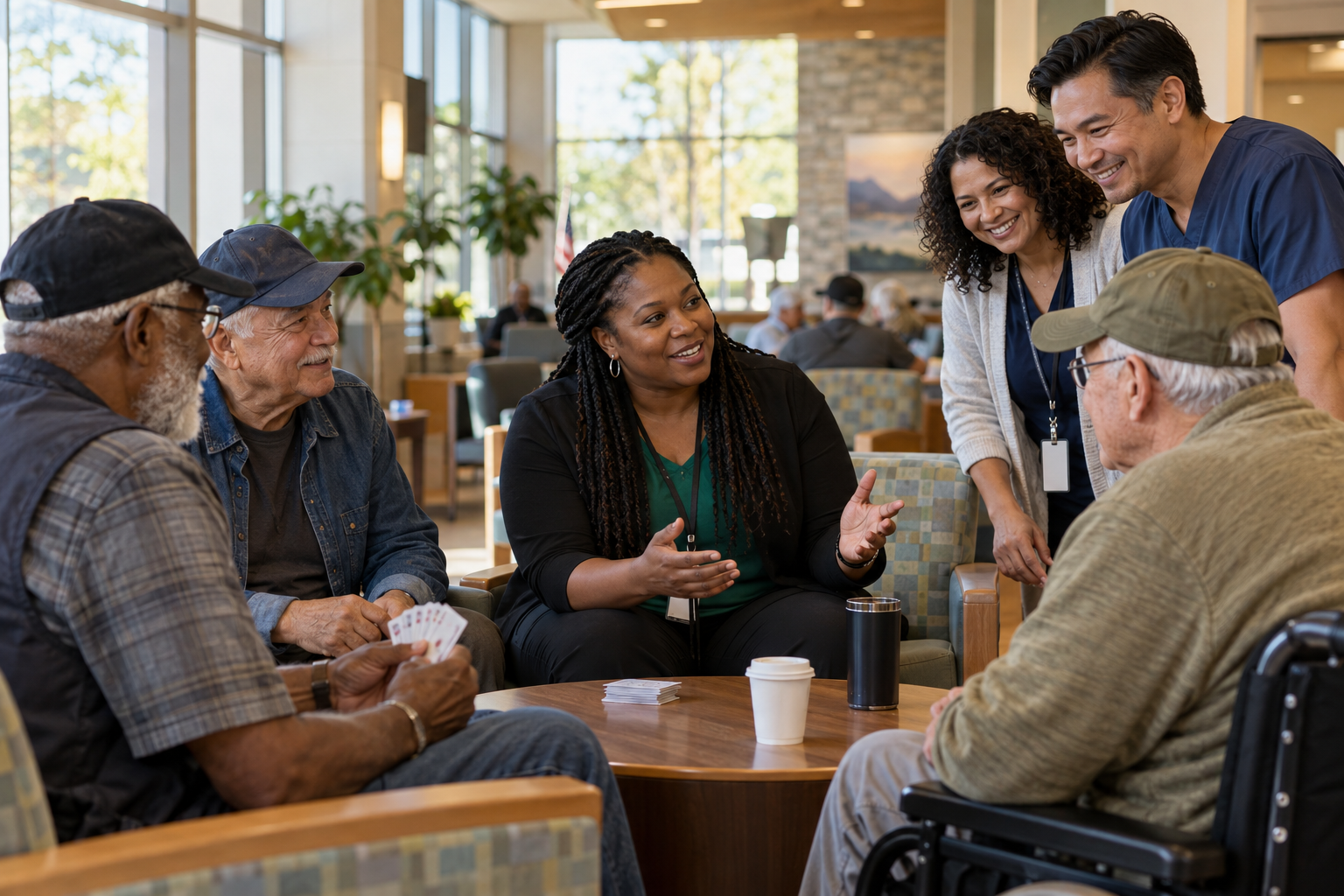 A Black VA community-care coordinator sits with older Veterans around a small table in a sunlit healthcare-center lobby as multicultural clinical staff join the conversation. One Veteran holds a hand of cards.