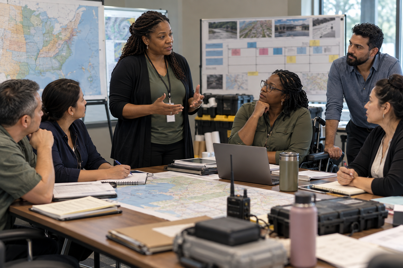 A Black public-health preparedness leader facilitates a planning discussion with a multicultural interagency team around maps, notebooks, radios, and logistics cases. A Black woman using a wheelchair participates as an active colleague.