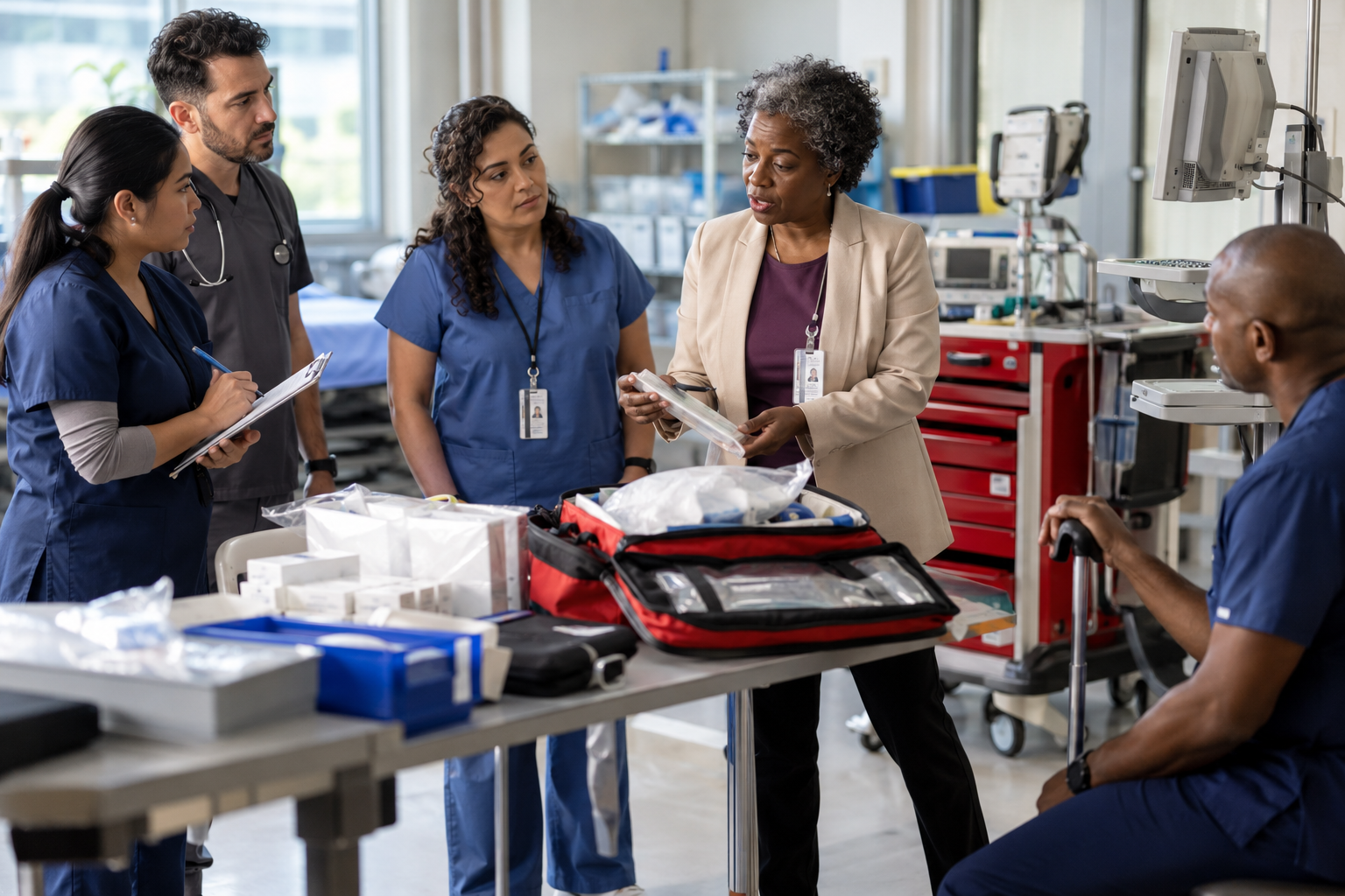A Black healthcare-operations leader with short salt-and-pepper curls guides a hands-on readiness drill with a multicultural clinical team around medical supplies and an emergency cart. A seated colleague participates with a cane.