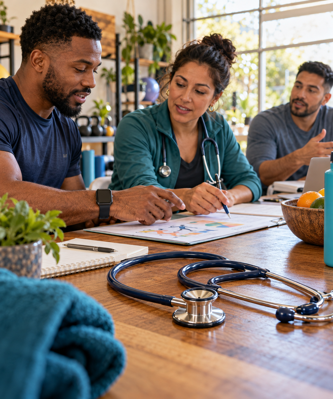 A stethoscope on a table during a healthcare and fitness discussion