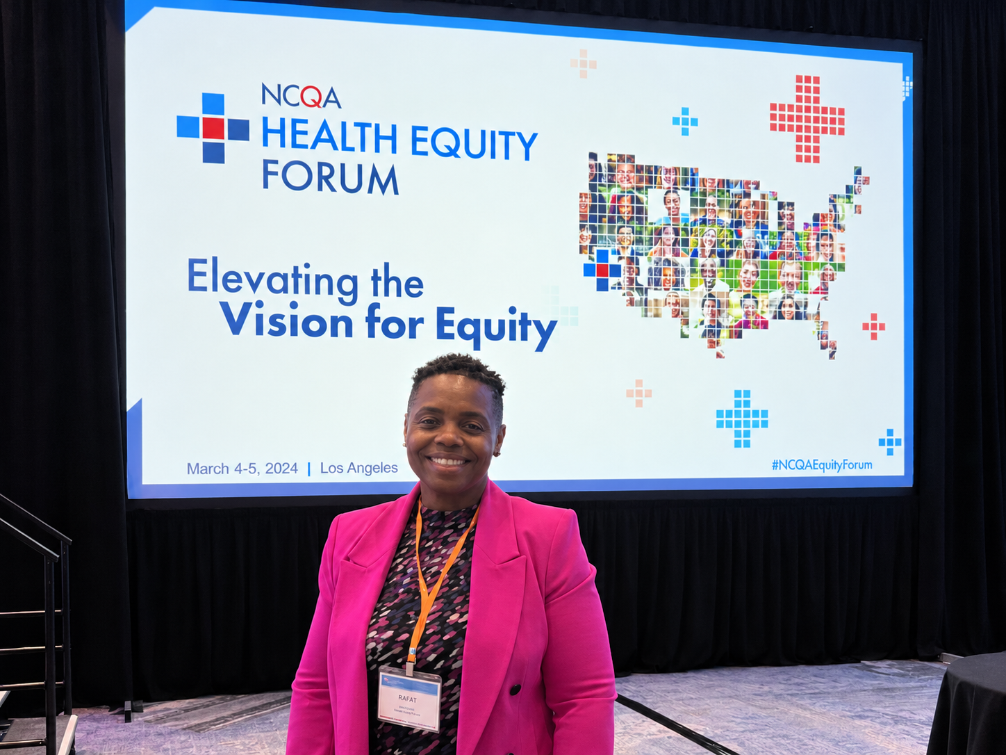 Rafat at the NCQA Health Equity Forum, with her face brightened and an upper-body crop
